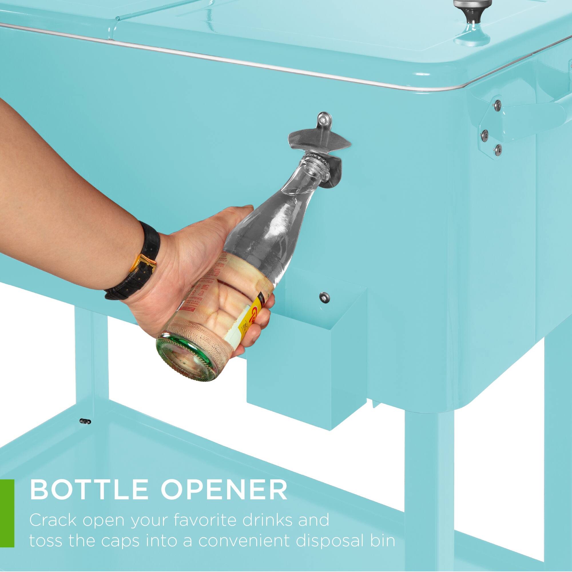 BOTTLE OPENER  
Crack open your favorite drinks and toss the caps into a convenient disposal bin