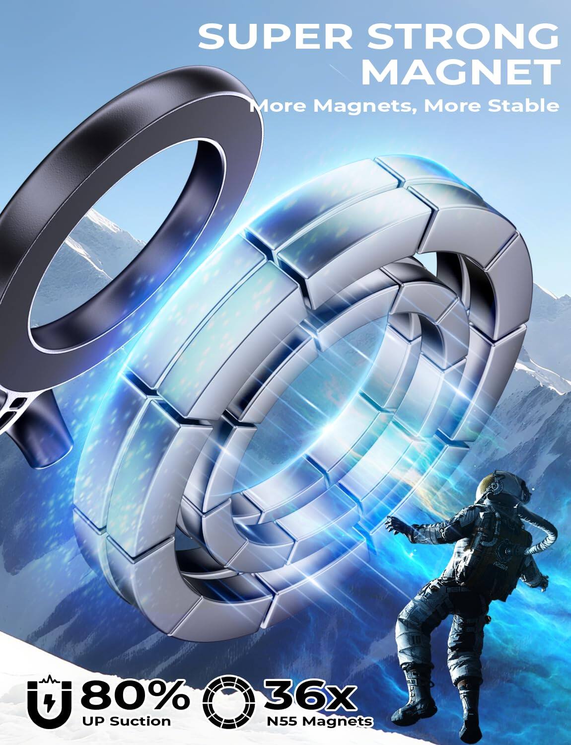 SUPER STRONG MAGNET  
More Magnets, More Stable  

80% UP Suction  
36x N55 Magnets