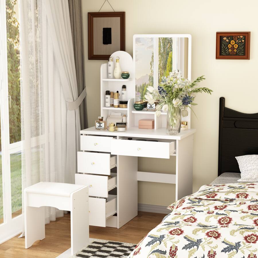 Famapy Vanity Table with Stool: Organized Beauty Station for Your Daily ...