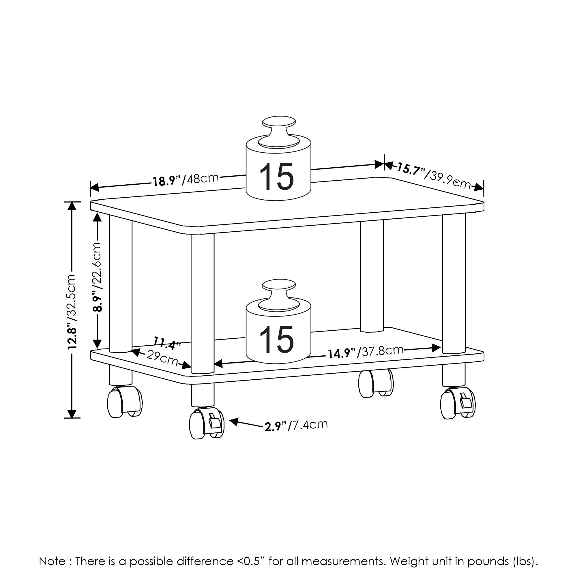 18.9"/48cm  
15.7"/39.9cm  
12.8"/32.5cm  
8.9"/22.6cm  
11.4"/29cm  
14.9"/37.8cm  
2.9"/7.4cm  

Note: There is a possible difference <0.5" for all measurements. Weight unit in pounds (lbs).