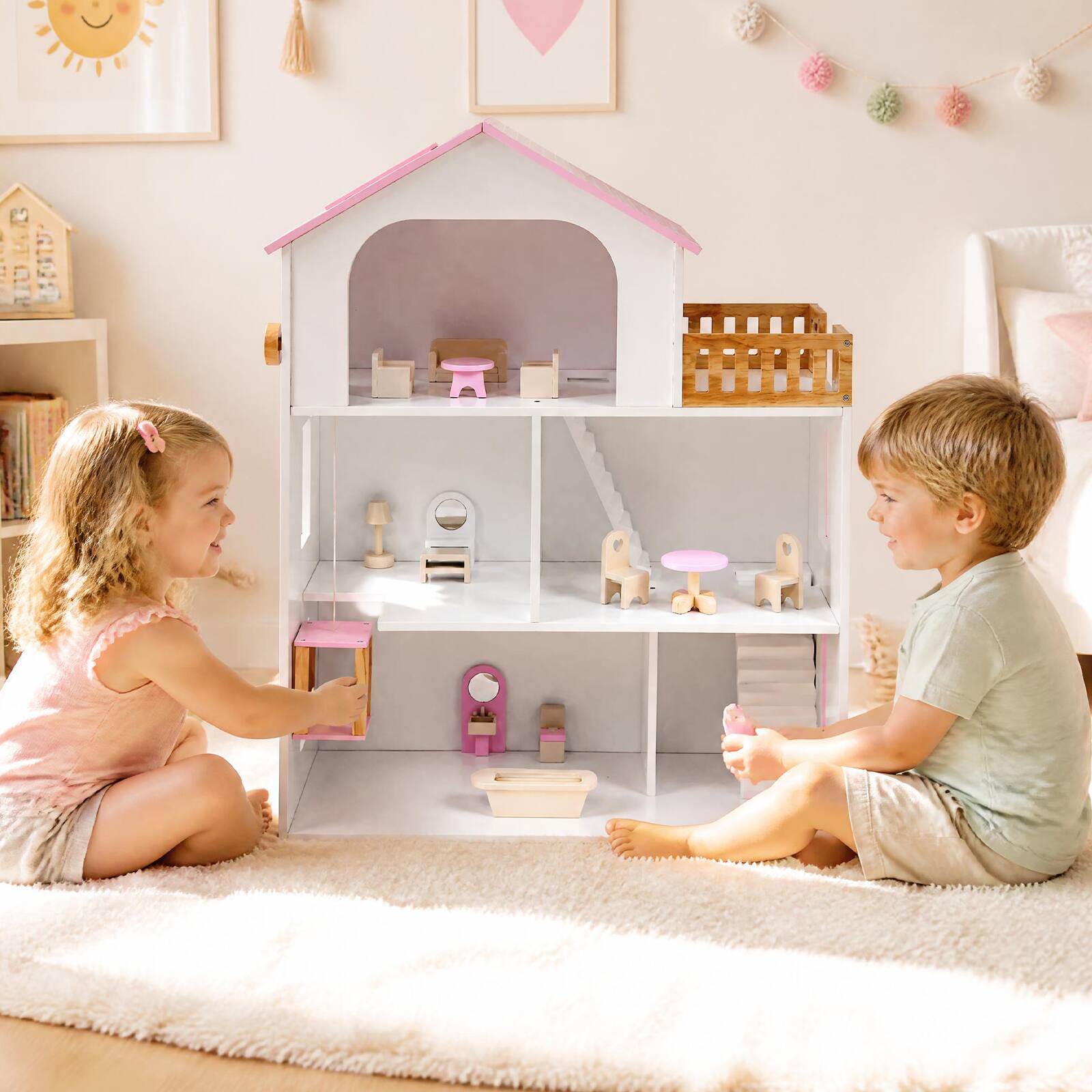 Alt View 3. Costway - Costway 3-Story Doll House with 5 Rooms and Furniture Accessories, Pretend Play Toy - Pink.