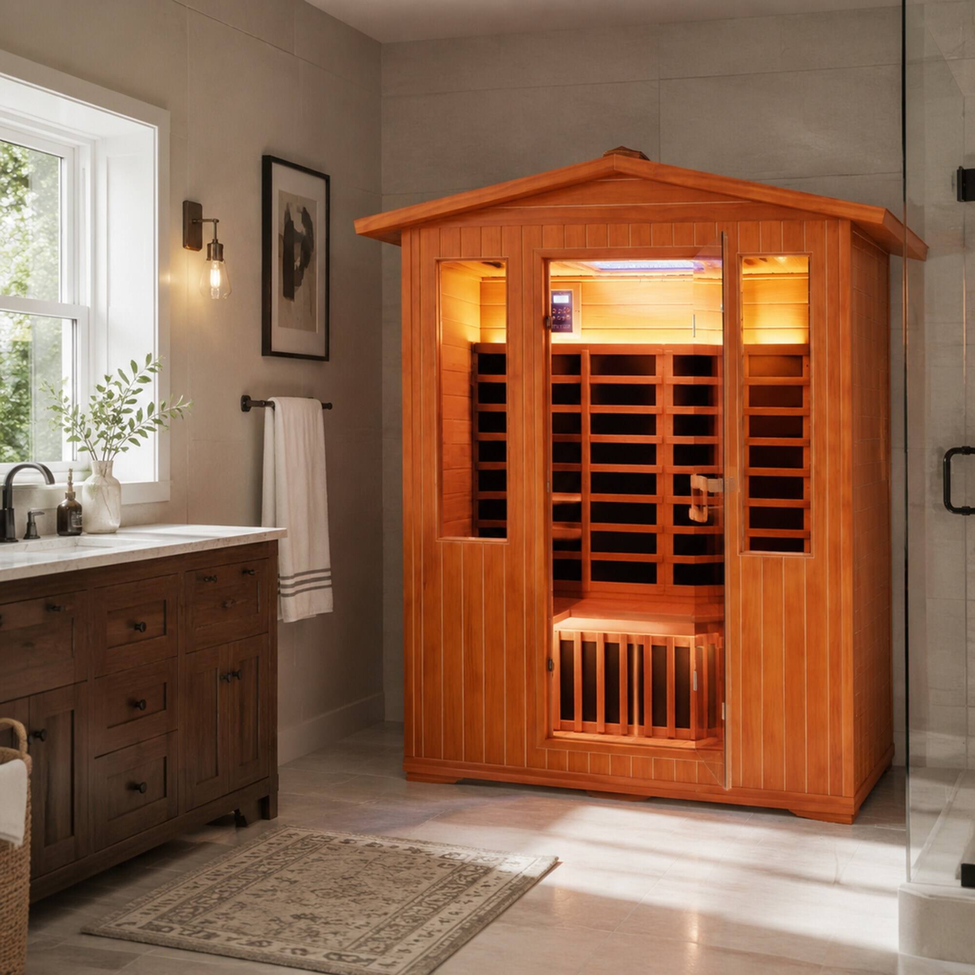 Back. RYHNUYNE - 4 Person Outdoor Sauna Room, 158 x 119 x 208 cm, Fir and Red Cedar, 2600W 11 Heating Plates, 65 Celsius - Ameican White Oak.