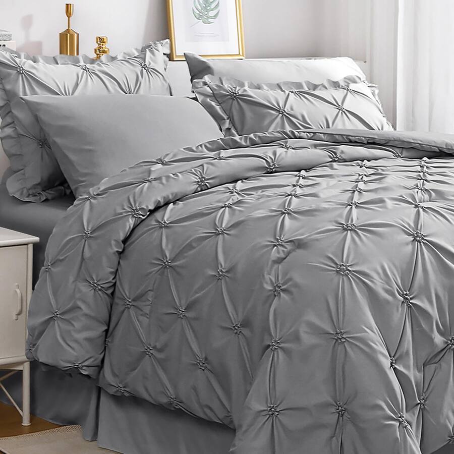 TECH SAFARI Dark Grey Bed In A Bag Comforter Set For Bedroom Pintuck ...