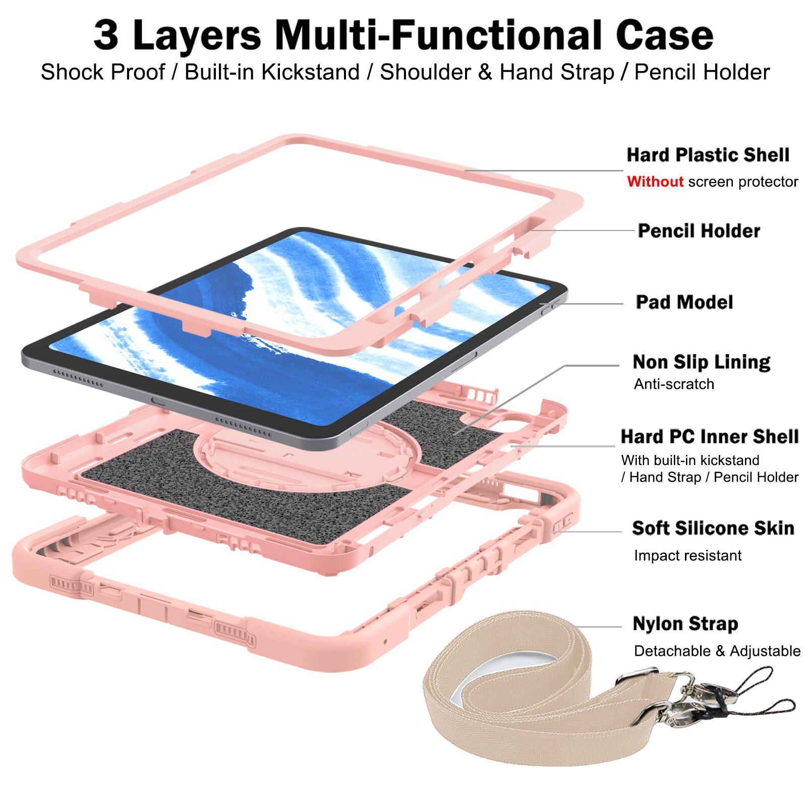 3 Layers Multi-Functional Case  
Shock Proof / Built-in Kickstand / Shoulder & Hand Strap / Pencil Holder  

- Hard Plastic Shell  
  Without screen protector  

- Pencil Holder  

- Pad Model  

- Non Slip Lining  
  Anti-scratch  

- Hard PC Inner Shell  
  With built-in kickstand / Hand Strap / Pencil Holder  

- Soft Silicone Skin  
  Impact resistant  

- Nylon Strap  
  Detachable & Adjustable