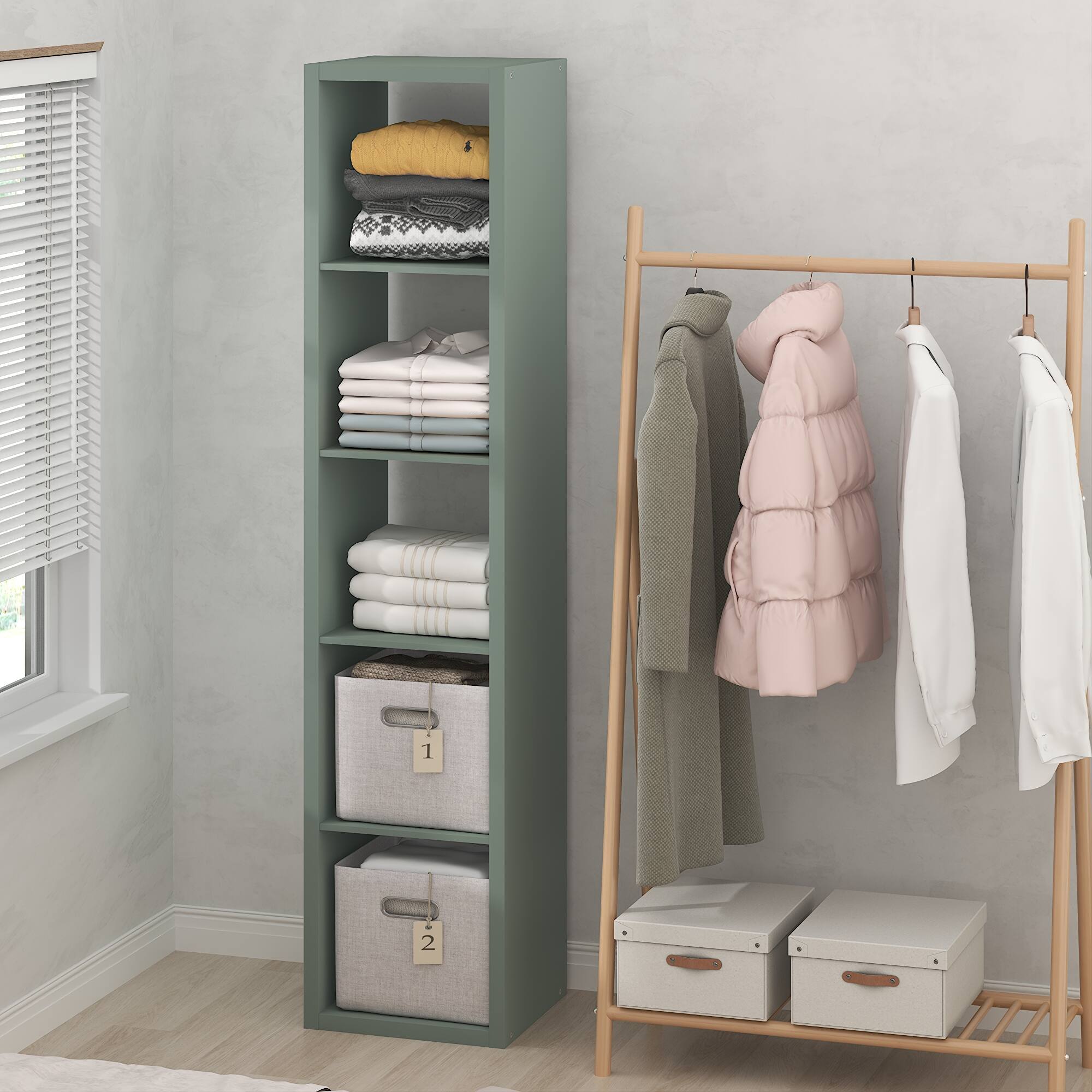 Alt View 1. Furinno - CUBIC Closet Organizers, 5-Cube Modular Organizer, Open Shelf, Extra Thick Frame, for Wardrobe, Bedroom, Living Room - Sage Green.
