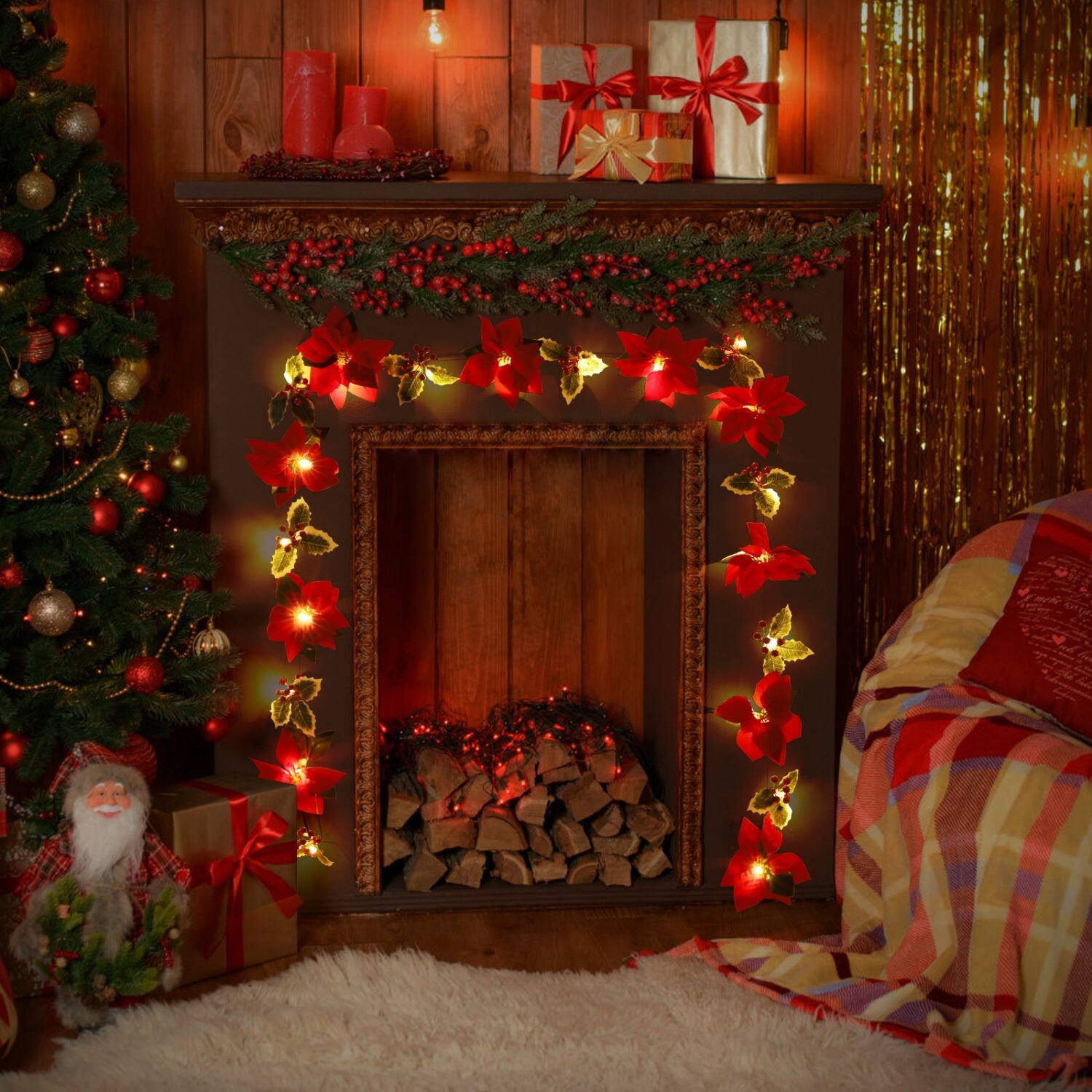 Back. Oumilen - Christmas Poinsettia Flower String Lights – Battery Red Artificial Garland Lights for Xmas Fireplace Mantel Decor.