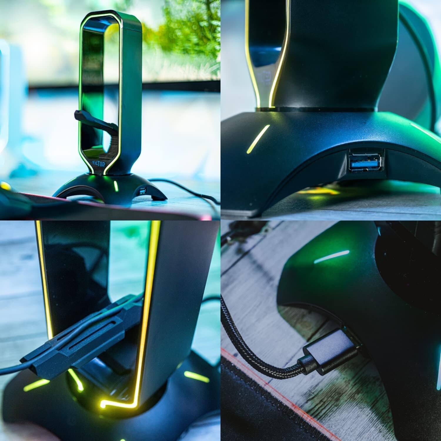 Alt View 6. Tilted Nation - Tilted Nation Gaming Headset Stand | RGB Headphone Stand for Desk with Mouse Bungee and USB Hub - Black - Black.