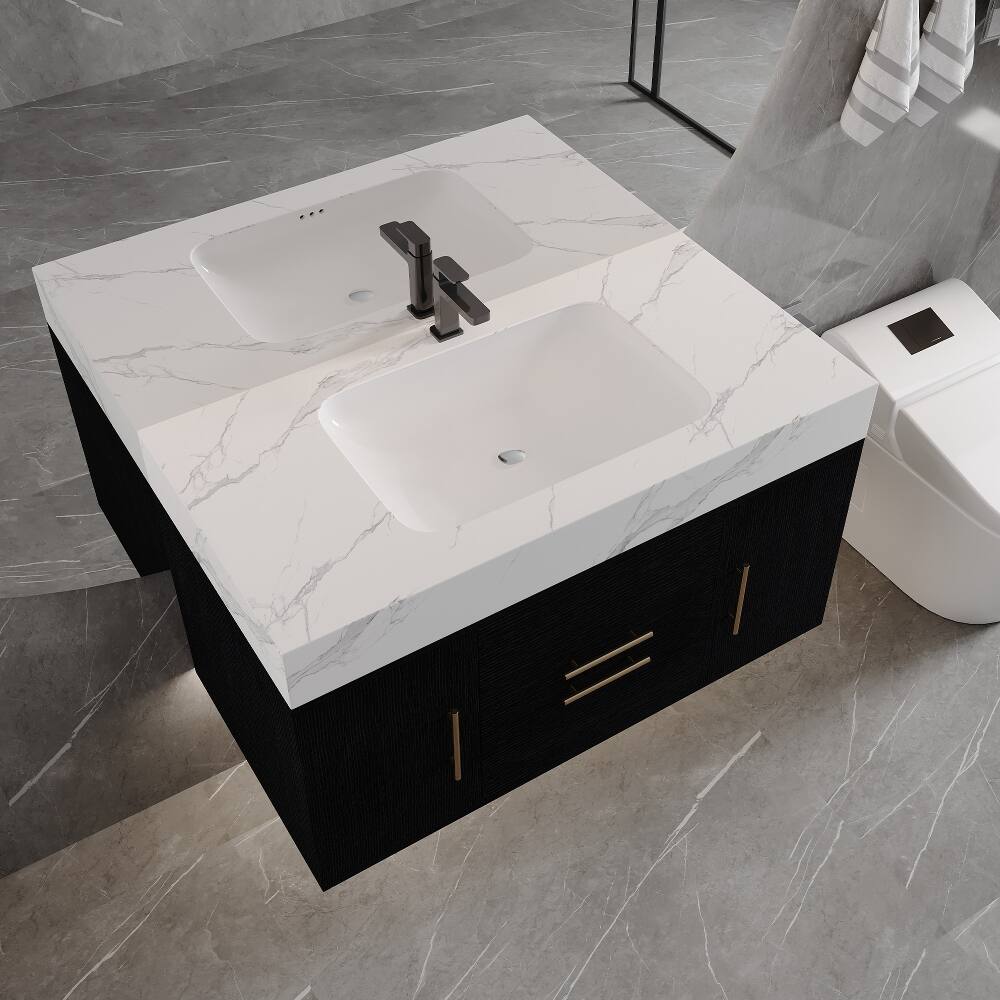 Back. Loheer - Loheer 39.4 inch wall mounted bathroom vanity waterproof plywood cabinet with ceramic basin - Black, White.