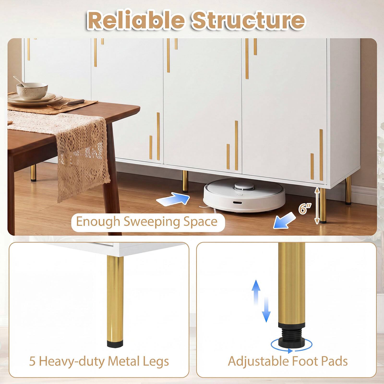 Reliable Structure

Enough Sweeping Space

5 Heavy-duty Metal Legs

Adjustable Foot Pads