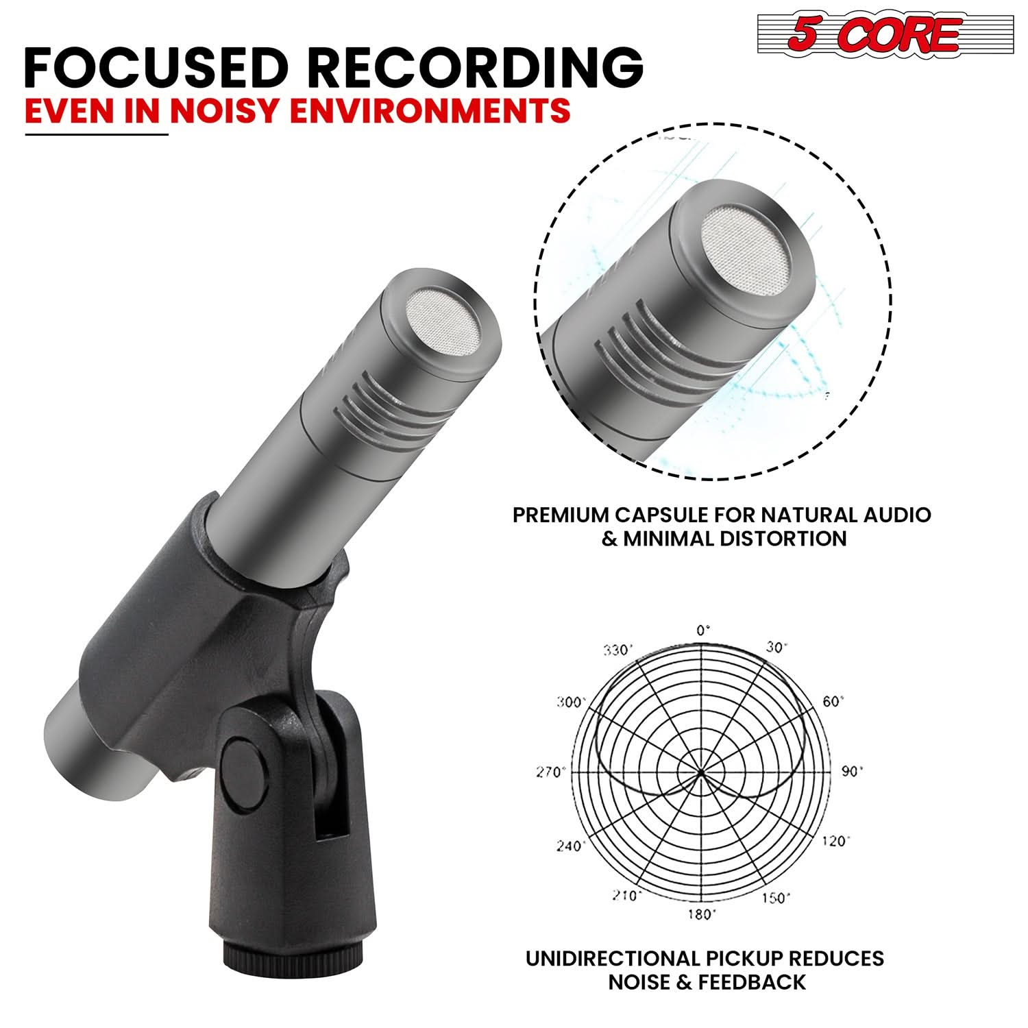 FOCUSED RECORDING EVEN IN NOISY ENVIRONMENTS

5 CORE PREMIUM CAPSULE FOR NATURAL AUDIO & MINIMAL DISTORTION

UNIDIRECTIONAL PICKUP REDUCES NOISE & FEEDBACK