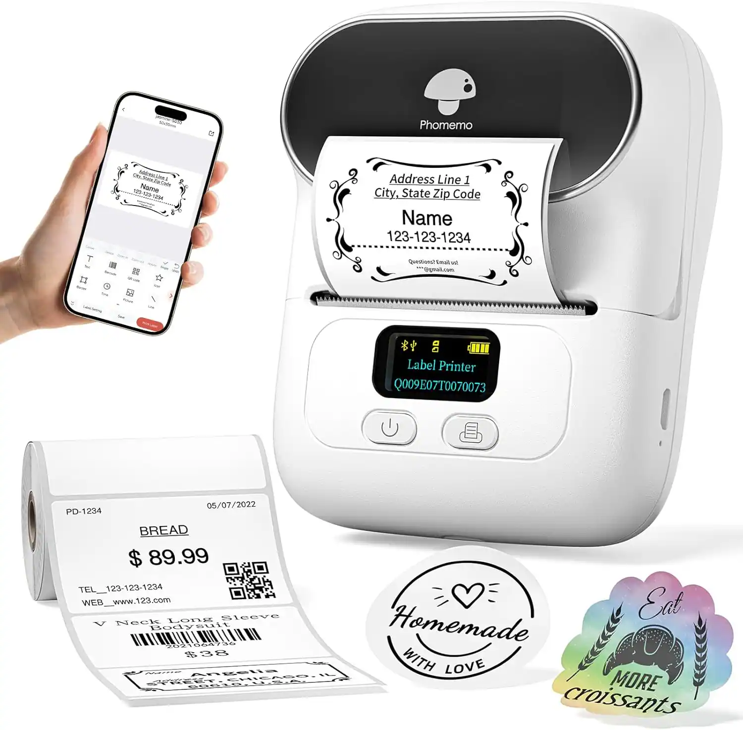 Phomemo Label Printer
Q009E07T0070073
Address Line 1
City, State Zip Code
Name
123-123-1234
Question Small
@gmail.com
PD-1234
05/07/2022
BREAD
$89.99
TEL_123-123-1234
WEB_www.123.com
V Neck Long Sleeve
$38
Homemade with Love
Eat More Croissants