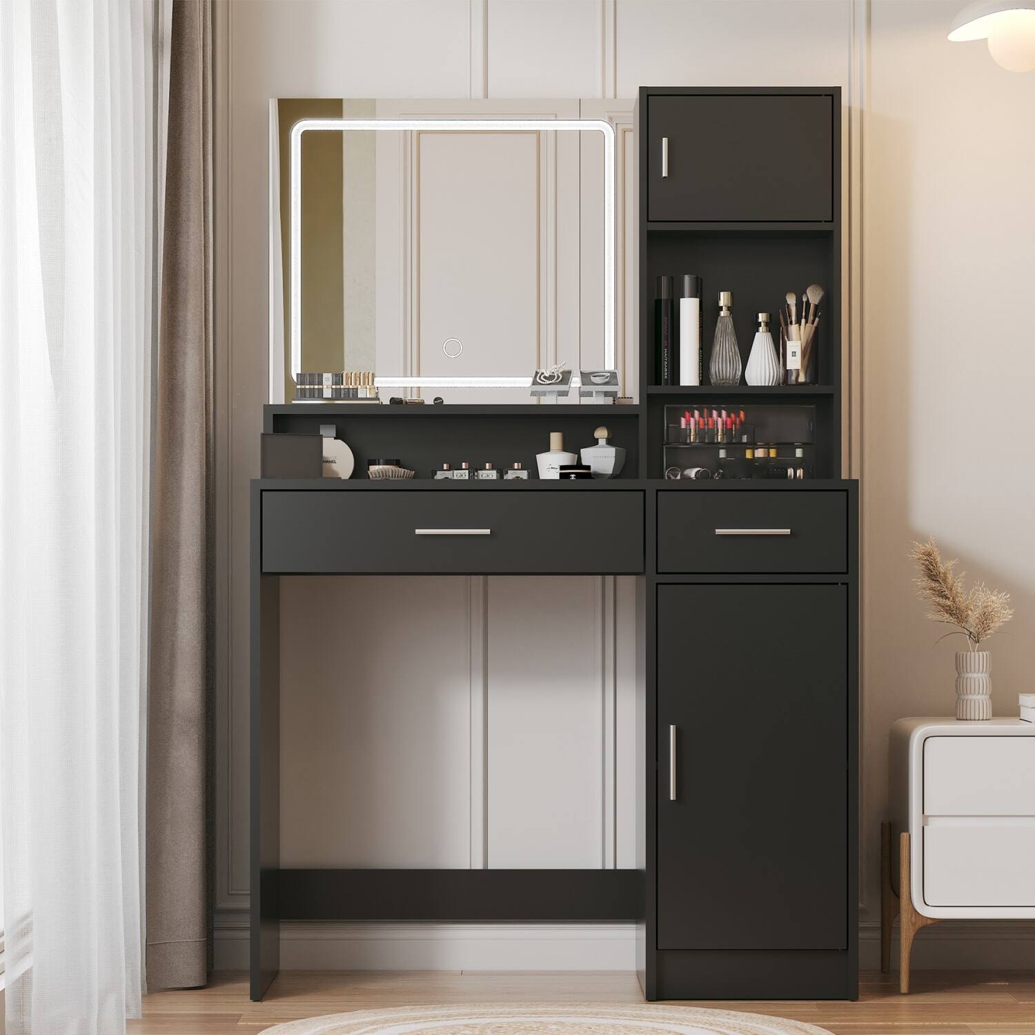 Back. Lirago - Black Wood Dresser Table Desk with LED Mirror 3-Light Modes Dressing Table 15.7”D x 35.4“ W x 53.9“ H - Black.