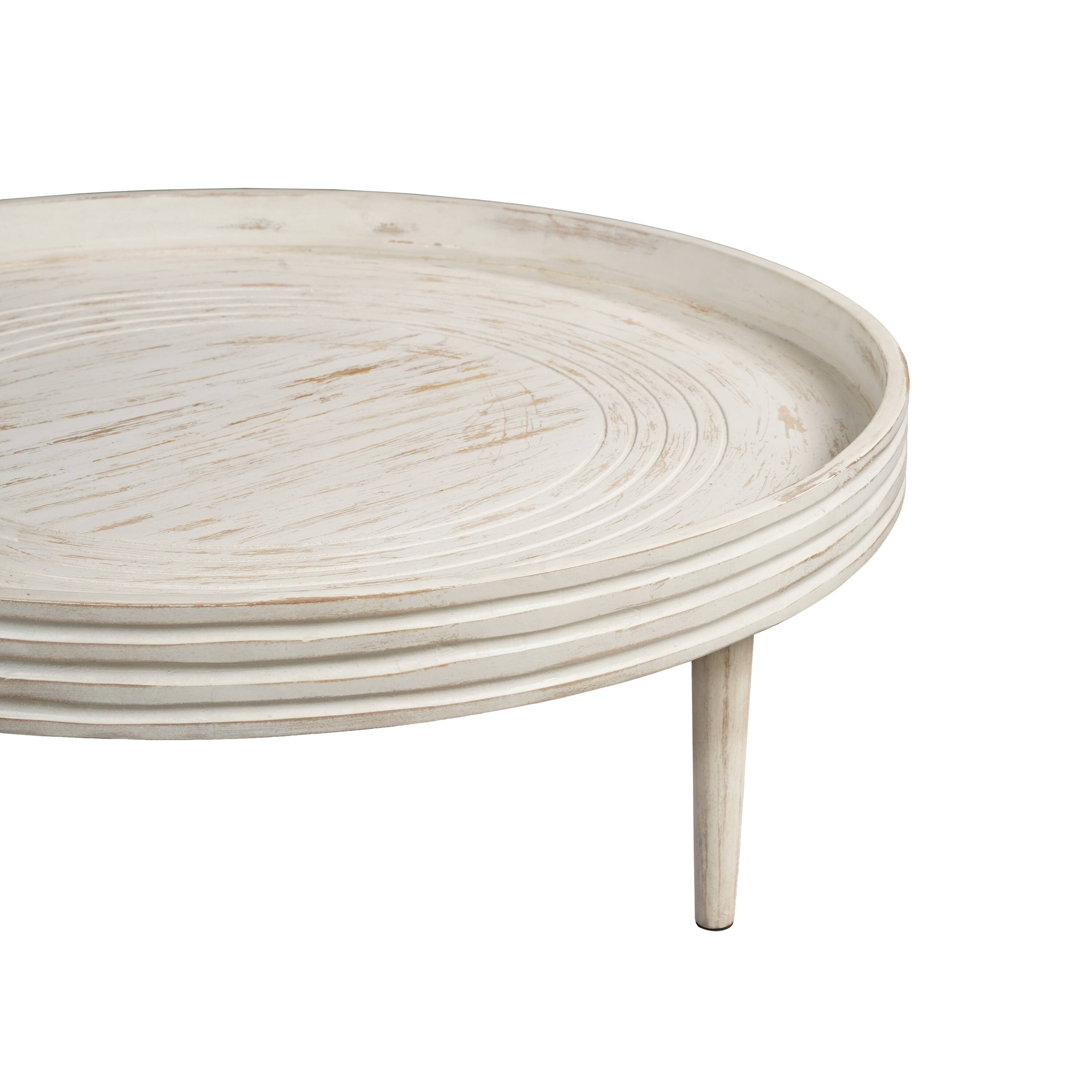 Alt View 3. Manhattan Lane - 33 Inch Coffee Table, Solid Mango Wood, Handcrafted Round Grooved Raised Edge - White.