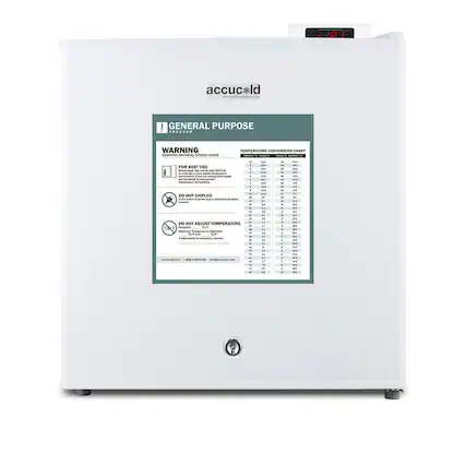 accuc*ld
accucold.com
GENERAL PURPOSE
FREEZER
WARNING
SENSITIVE MATERIAL STORED INSIDE
FOR BEST USE
Always keep unit set at -10°F (-23°C) or lower.
For best results, keep unit at -20°F (-29°C) or lower.
Do not store products for more than 24 hours at -10°F (-23°C).
If product is stored at -10°F (-23°C) for more than 24 hours,
it must be stored at -20°F (-29°C) or lower.
If adjustment is necessary, contact:
accucold.com • 1-888-AMC-4000 • info@accucold.com
DO NOT UNPLUG
In the event of power loss, electrical power is lost.
Do not adjust temperature.
DO NOT ADJUST TEMPERATURE
If adjustment is necessary, contact:
accucold.com • 1-888-AMC-4000 • info@accucold.com
TEMPERATURE CONVERSION CHART
°F | °C
-40 | -40
-3