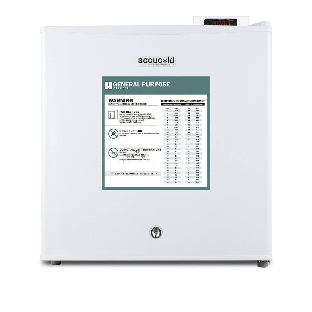 accuc*ld  
accucold.com

GENERAL PURPOSE  
FREEZER

WARNING  
SENSITIVE MATERIAL STORED INSIDE

FOR BEST USE  
Always keep unit set at -10°F (-23°C) or lower.  
For best results, keep unit at -20°F (-29°C) or lower.  
Do not store products for more than 24 hours at -10°F (-23°C).  
If product is stored at -10°F (-23°C) for more than 24 hours,  
it must be stored at -20°F (-29°C) or lower.  
If adjustment is necessary, contact:  
accucold.com • 1-888-AMC-4000 • info@accucold.com

DO NOT UNPLUG  
In the event of power loss, electrical power is lost.  
Do not adjust temperature.

DO NOT ADJUST TEMPERATURE  
If adjustment is necessary, contact:  
accucold.com • 1-888-AMC-4000 • info@accucold.com

TEMPERATURE CONVERSION CHART

°F | °C  
-40 | -40  
-3