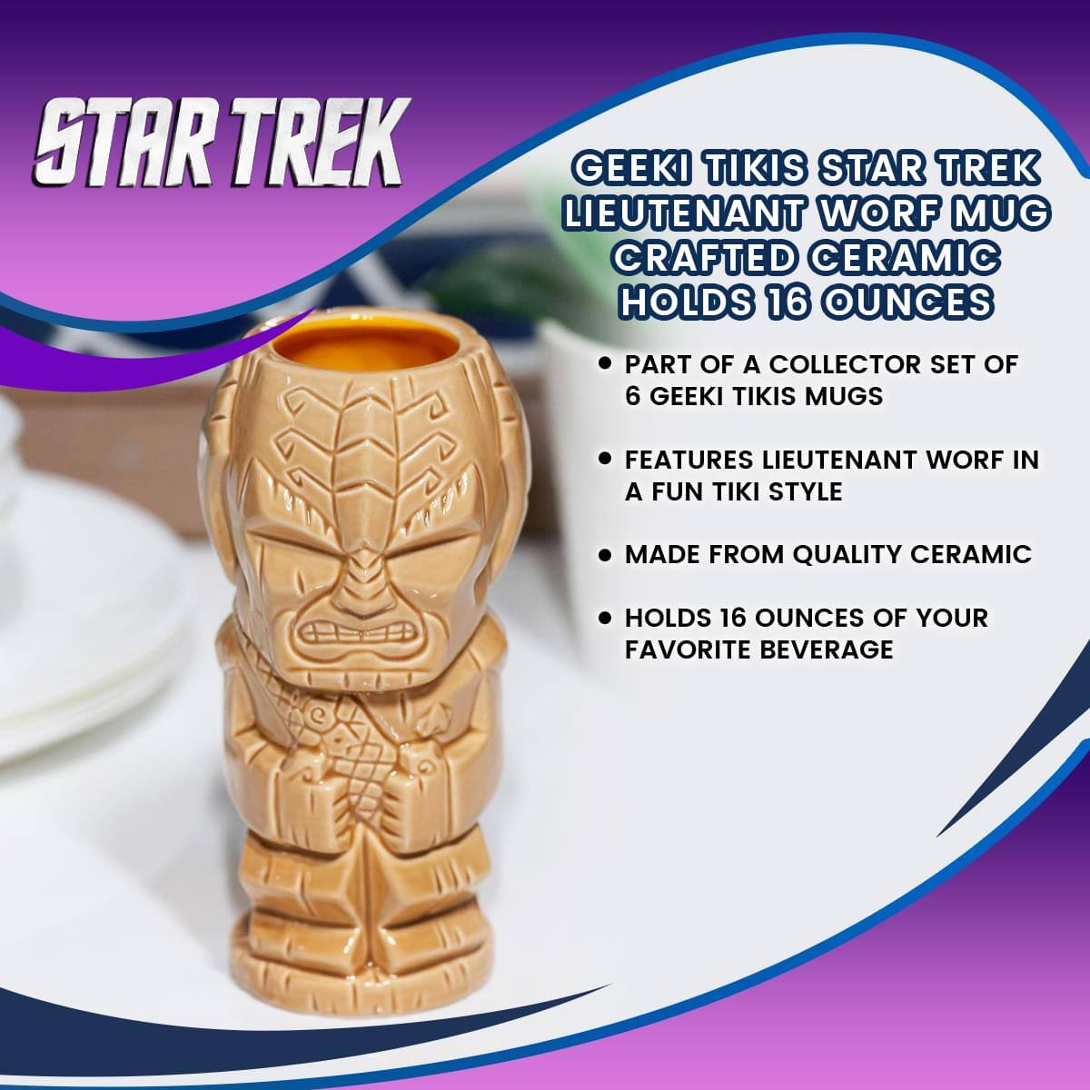 STAR TREK

GEEKI TIKIS STAR TREK LIEUTENANT WORF MUG
CRAFTED CERAMIC HOLDS 16 OUNCES

- PART OF A COLLECTOR SET OF 6 GEEKI TIKIS MUGS
- FEATURES LIEUTENANT WORF IN A FUN TIKI STYLE
- MADE FROM QUALITY CERAMIC
- HOLDS 16 OUNCES OF YOUR FAVORITE BEVERAGE