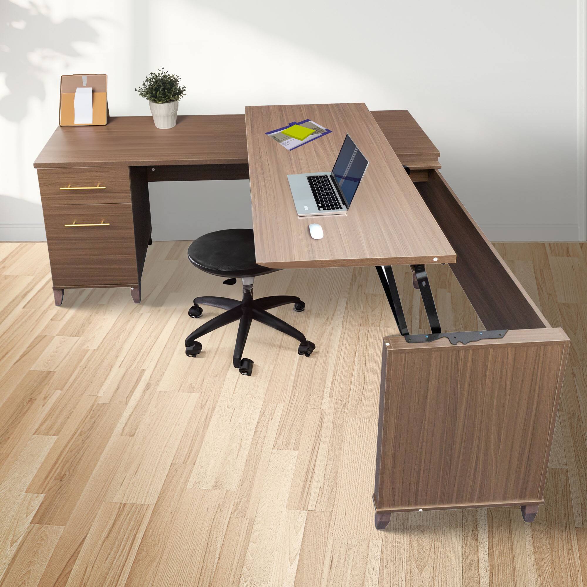 Alt View 3. JOMEED - JOMEED Adjustable 3 Position Sit to Stand L Shaped Office Desk with File Cabinet - Brown.