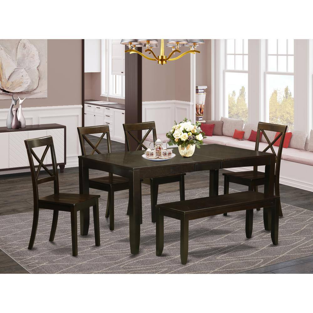 Alt View 2. East West Furniture - 6 Pc Dining Table with bench-Dining Table and 4 Kitchen Dining Chairs plus Bench - Cappuccino.