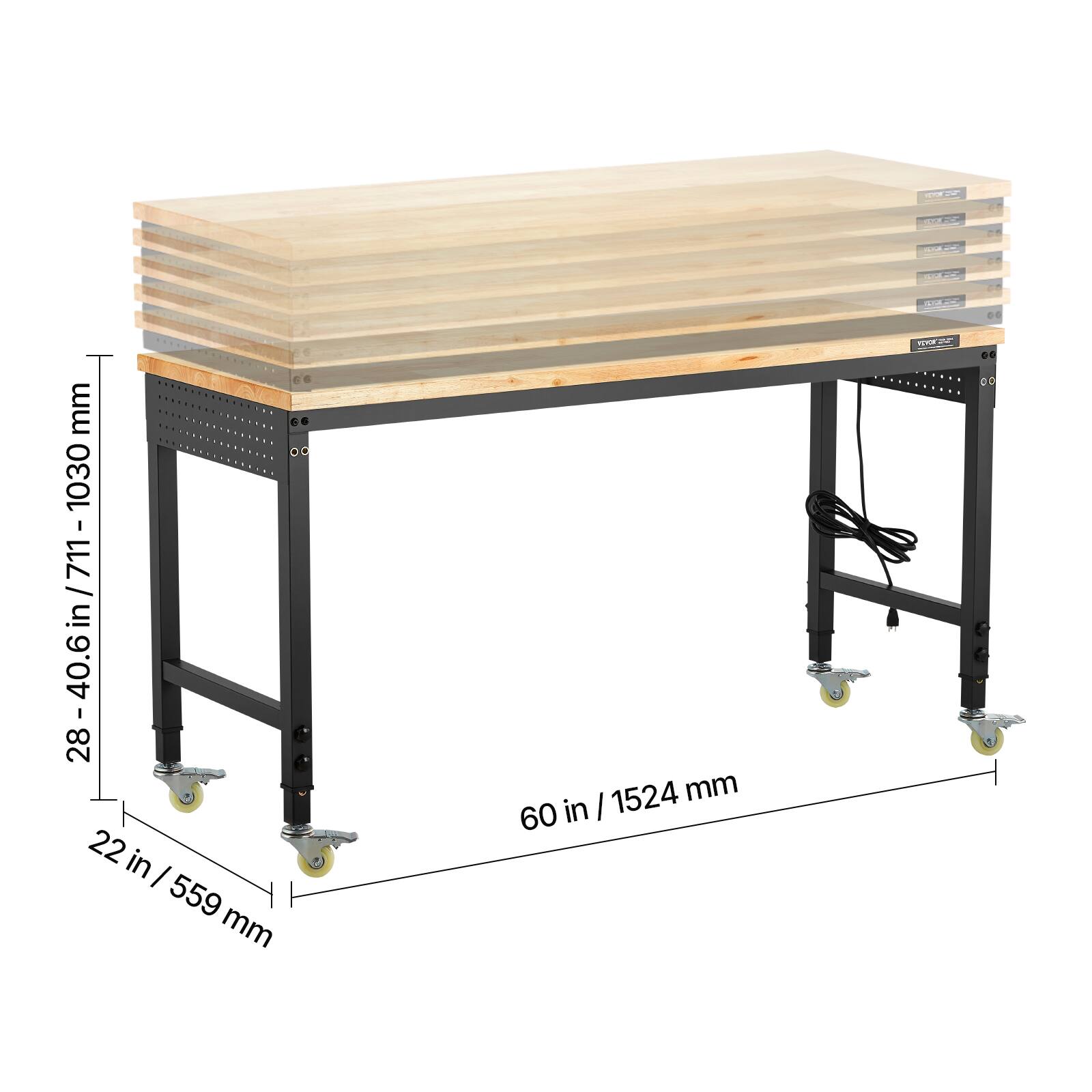 - Height: 28-40.6 in / 711-1030 mm
- Width: 60 in / 1524 mm
- Depth: 22 in / 559 mm