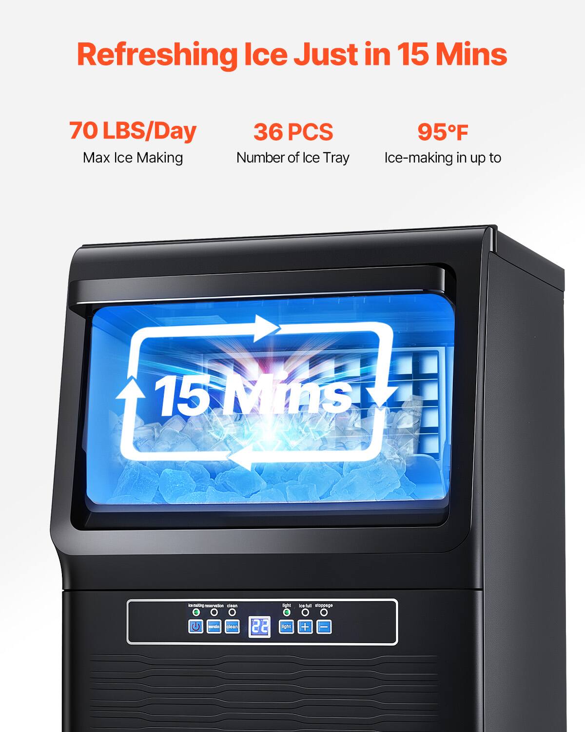 Refreshing Ice Just in 15 Mins

70 LBS/Day  
Max Ice Making

36 PCS  
Number of Ice Tray

95°F  
Ice-making in up to