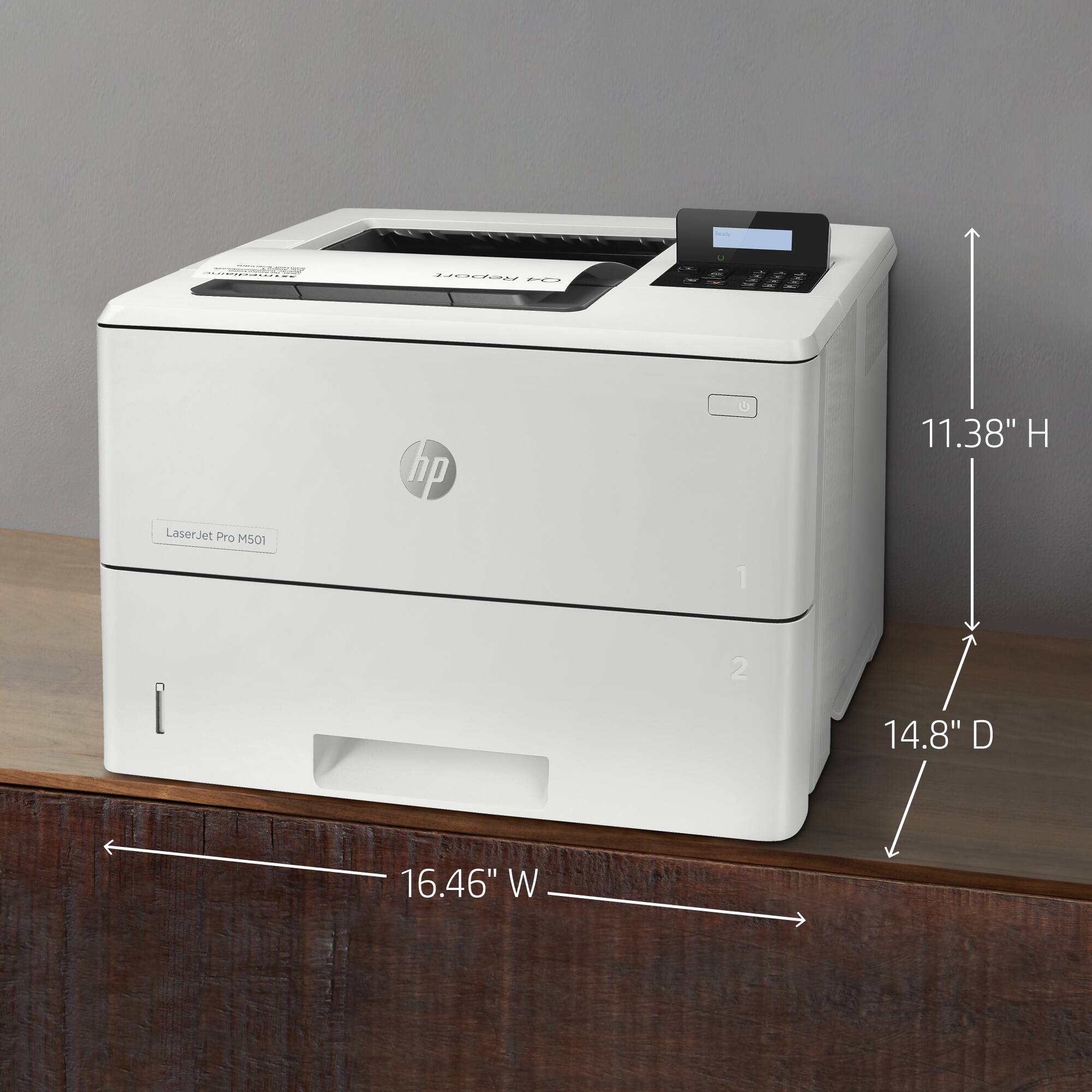 The text on the image reads: "1100o2 - LaserJet Pro M501 hp U 11.38" H 1 I 2 14.8" D 16.46" W". This text describes the dimensions of the HP printer, which is 11.38 inches high, 14.8 inches deep, and 16.46 inches wide.