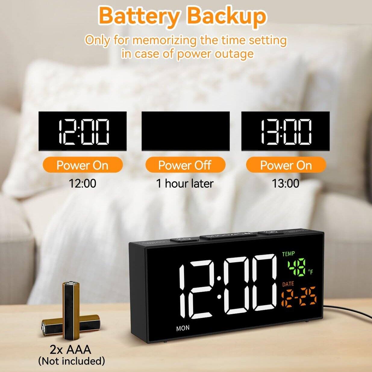 Battery Backup  
Only for memorizing the time setting in case of power outage  

12:00 Power On  
12:00 Power Off 1 hour later  
13:00 Power On  

2x AAA (Not included)  

TEMP 48°F  
DATE 12-25 MON