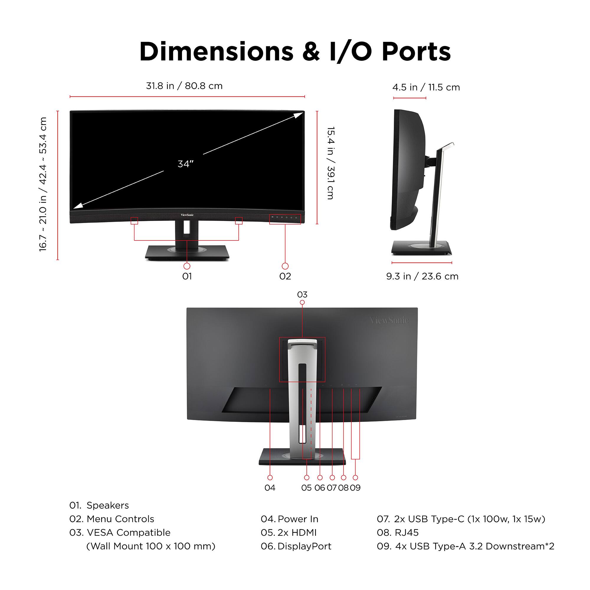 Dimensions & I/O Ports

- 31.8 in / 80.8 cm
- 4.5 in / 11.5 cm
- 53.4 in / 42.4 in / 21.0 in
- 16.7 - 21.0 in
- 15.4 in / 39.1 cm
- 9.3 in / 23.6 cm

I/O Ports

- 01. Speakers
- 02. Menu Controls
- 03. VESA Compatible (Wall Mount 100 x 100 mm)
- 04. Power In
- 05. 2x HDMI
- 06. DisplayPort
- 07. 2x USB Type-C (1x 100w, 1x 15w)
- 08. RJ45
- 09. 4x USB Type-A 3.2 Downstream*2