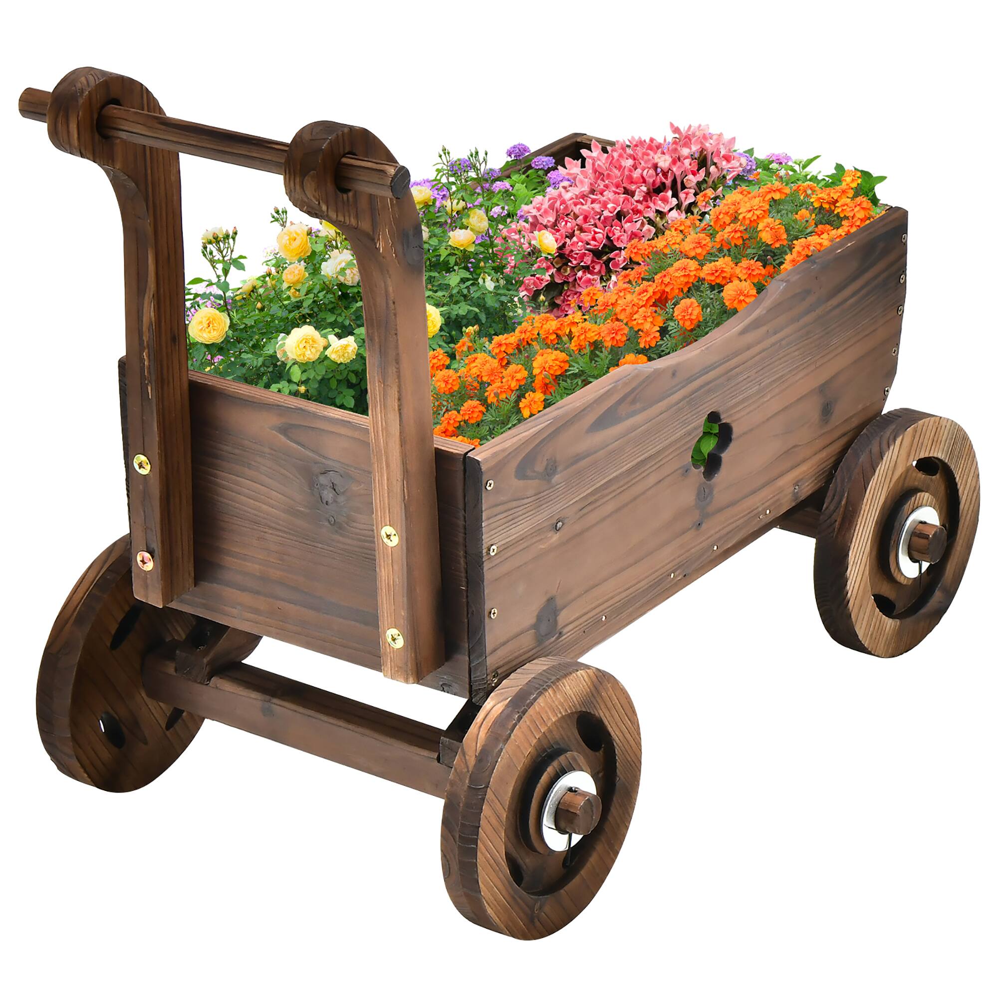 Alt View 1. Costway - Decorative Wagon Cart Plant Flower Pot Stand Wooden Raised Garden Planter Box - Rustic Brown.