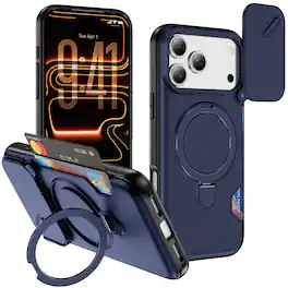 UUCOVER - Magnetic Case for Apple iPhone 18 Pro,Shockproof Card Holder Ring Stand Case Compatible with MagSafe Slide Lens Cover - Darkblue