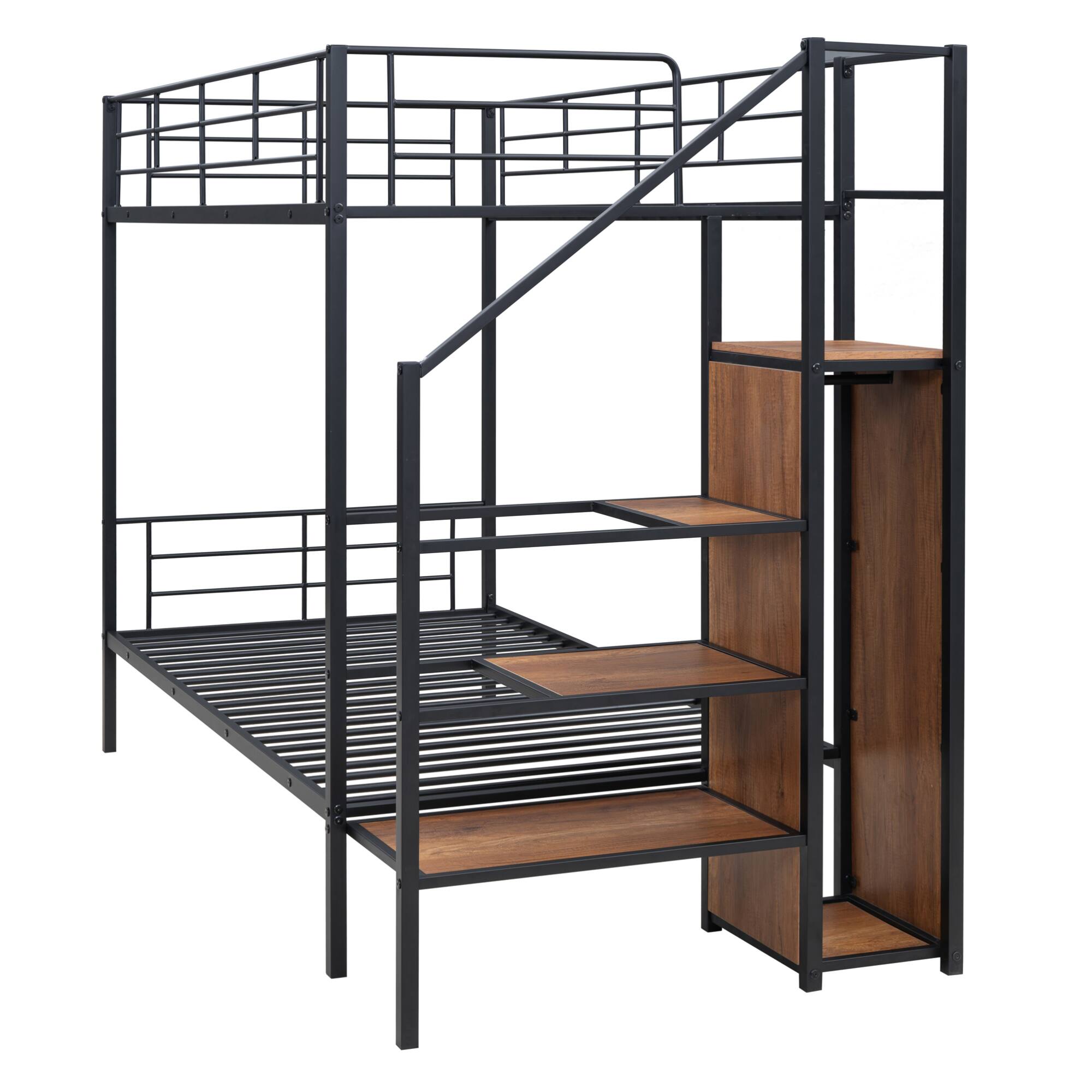 Alt View 1. GOODSILO - Contemporary Twin Over Twin Metal Bunk Bed with Integrated Storage Ladder and Wardrobe - Black.