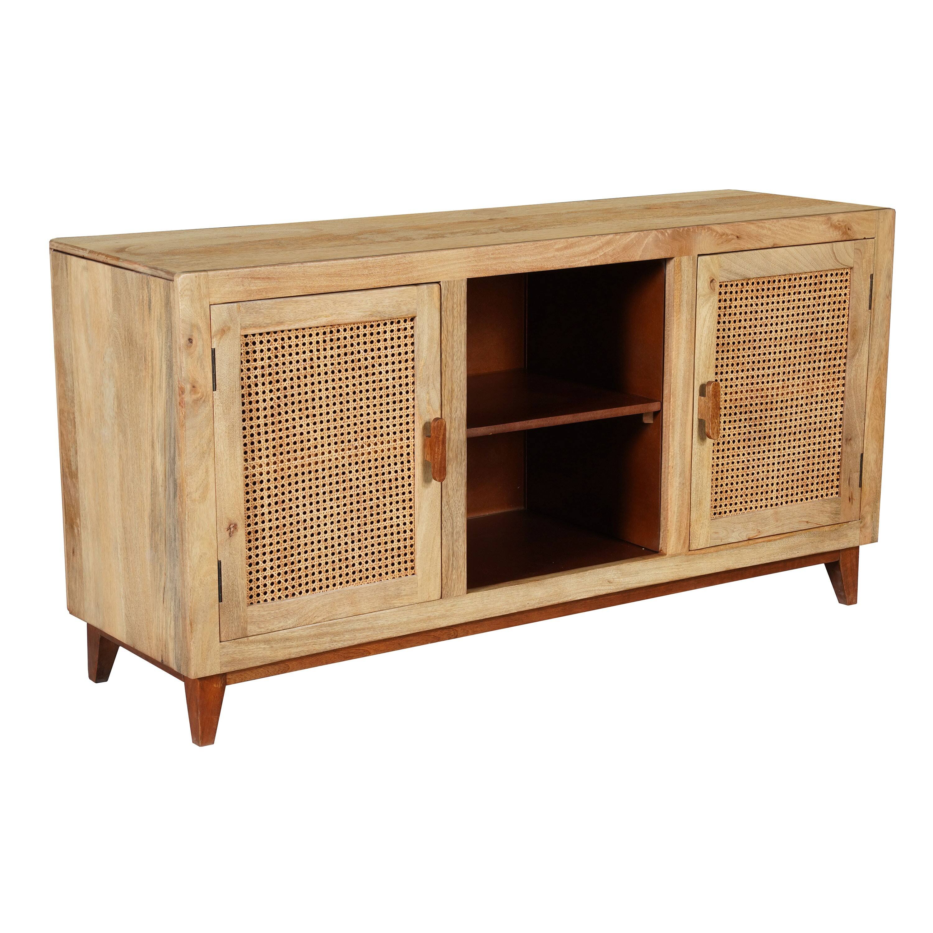 Angle. Manhattan Lane - Aru 58 Inch Sideboard Buffet Cabinet, 2 Cane Doors n Open Shelves, 2 Tone Antique Brown Mango Wood - Antique Brown.