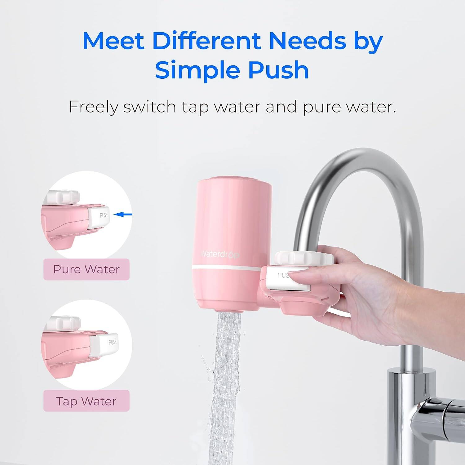 Meet Different Needs by Simple Push  
Freely switch tap water and pure water.  

PUSH  
Pure Water  

PUSH  
Tap Water