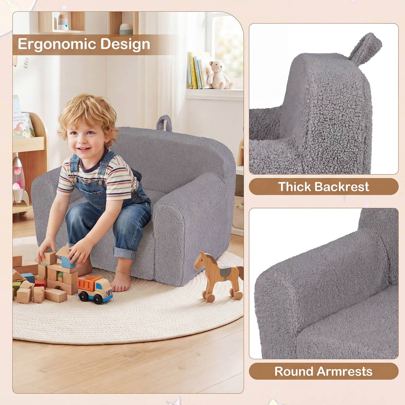 Ergonomic Design

- Thick Backrest
- Round Armrests