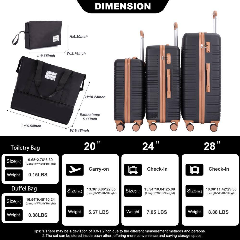 **DIMENSION**

**Toiletry Bag**
- Size (in.): 9.65" x 2.76" x 6.30"
- Weight: 0.15 LBS

**Duffel Bag**
- Size (in.): 16.54" x 9.45" x 10.24"
- Weight: 0.88 LBS

**20" Carry-on**
- Size (in.): 13.36" x 8.86" x 22.05"
- Weight: 5.67 LBS

**24" Check-in**
- Size (in.): 15.94" x 10.04" x 25.98"
- Weight: 7.05 LBS

**28" Check-in**
- Size (in.): 18.90" x 11.42" x 29.53"
- Weight: 8.88 LBS

**Tips:**
1. There may be a deviation of 0.8-1.2 inch due to different