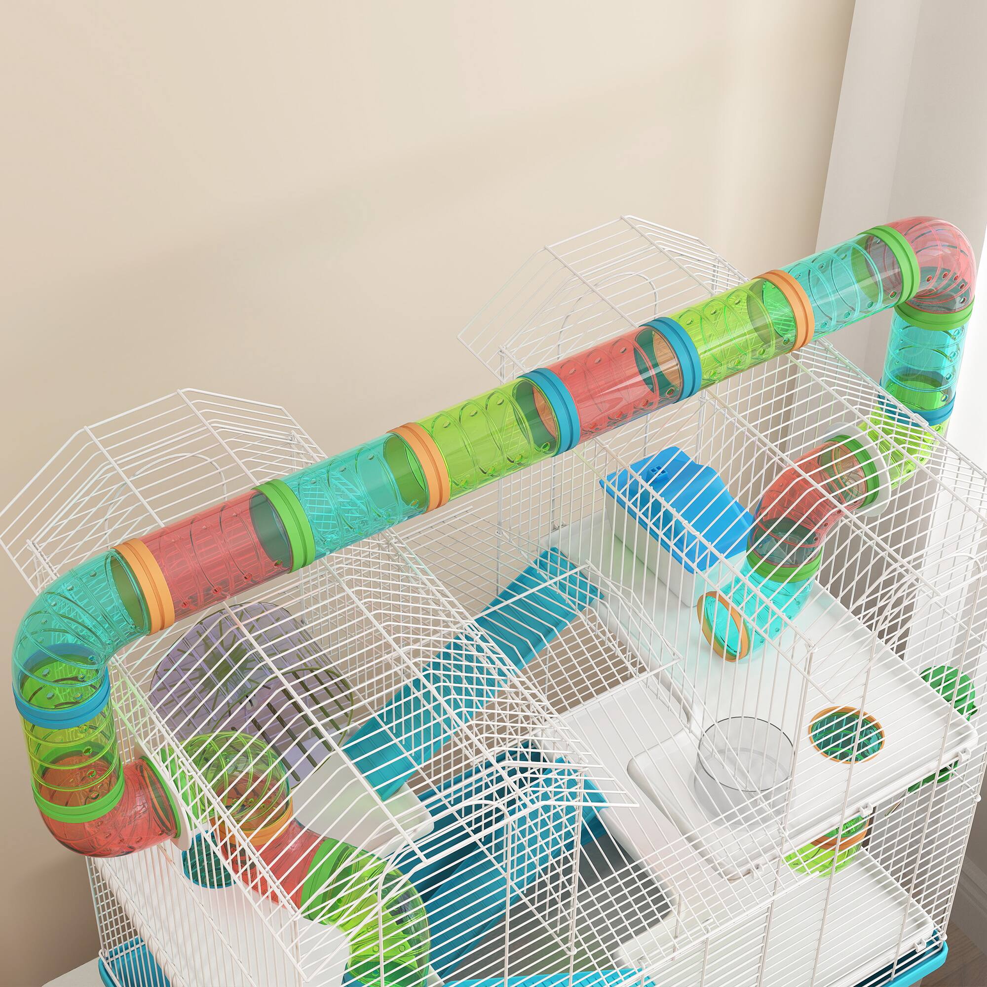 Alt View 5. Pawhut - 4 Tier Hamster Cage, Large Twin Tower Design Cage with Exercise Wheel, Tubes, Hut, Ramps, Food Dish, Water Bottle.