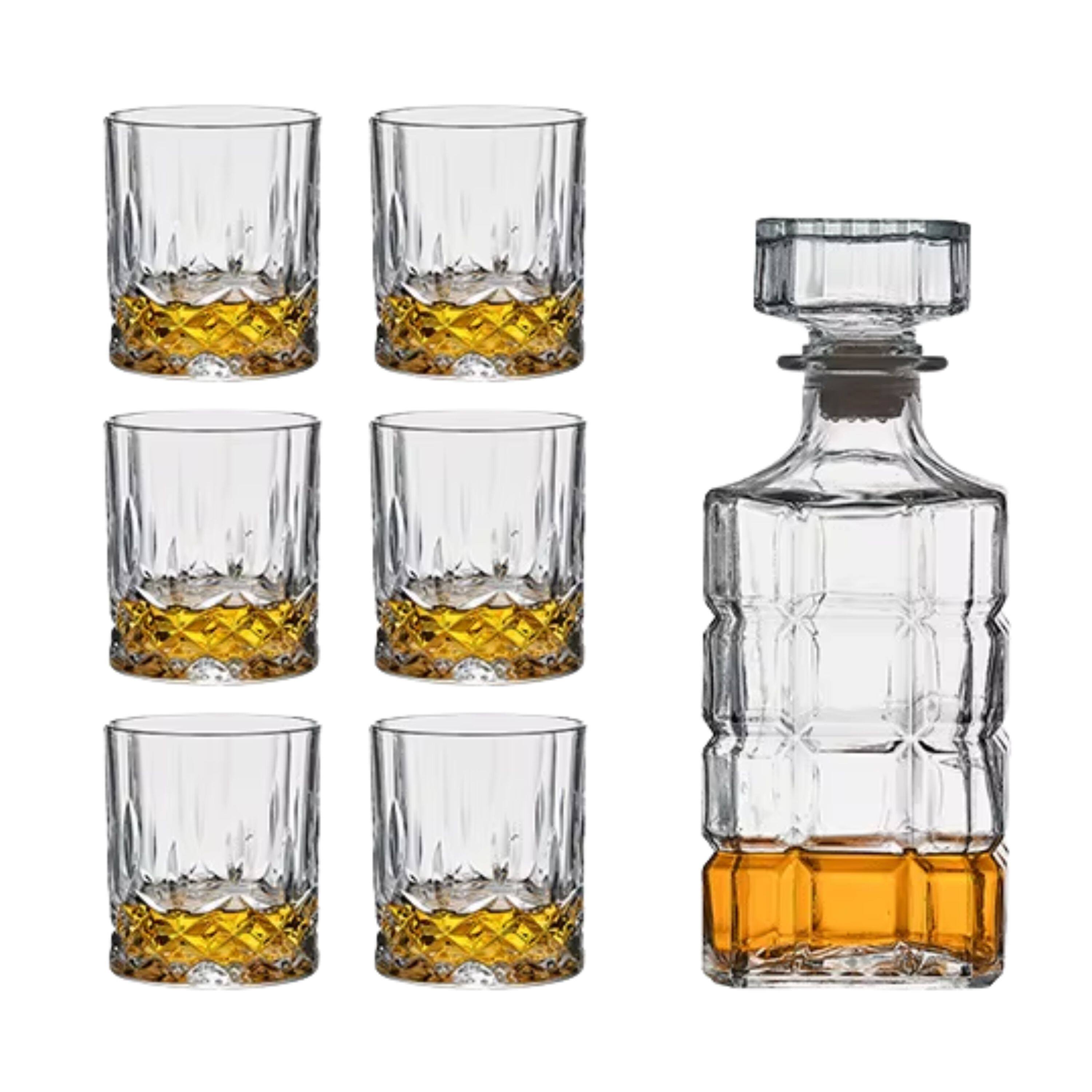 Left. Kitcheniva - 25 oz Square Pattern Glass Whiskey Decanter Set with Stopper - Includes 6 Glasses (7.4 oz) - Clear.