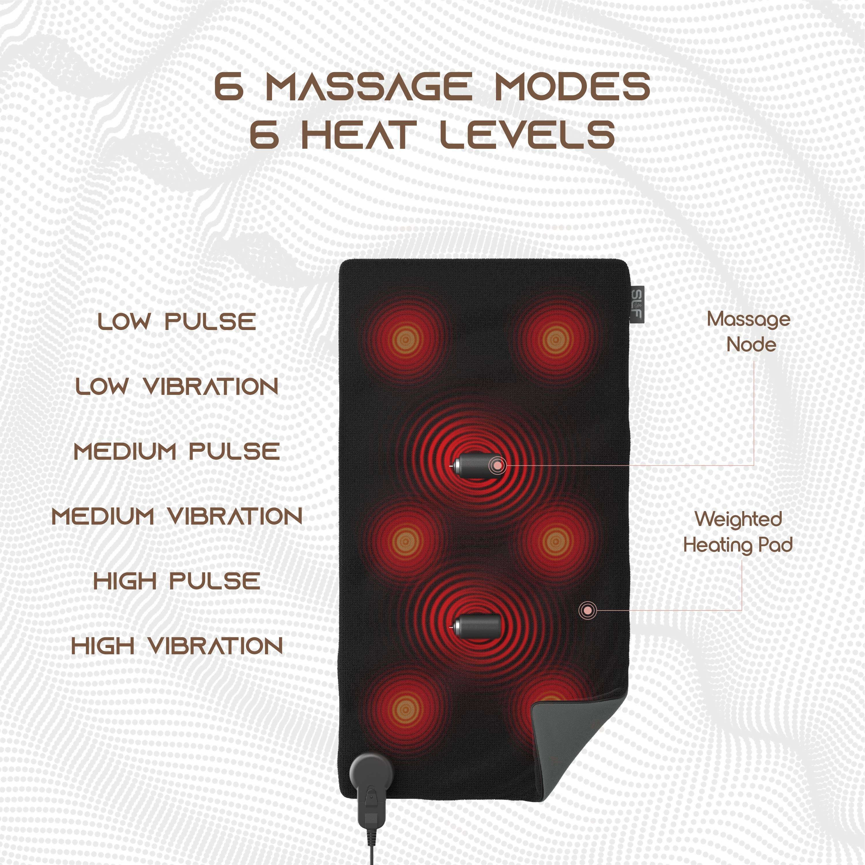 6 MASSAGE MODES  
6 HEAT LEVELS  

LOW PULSE  
LOW VIBRATION  
MEDIUM PULSE  
MEDIUM VIBRATION  
HIGH PULSE  
HIGH VIBRATION  

Massage Node  
Weighted Heating Pad