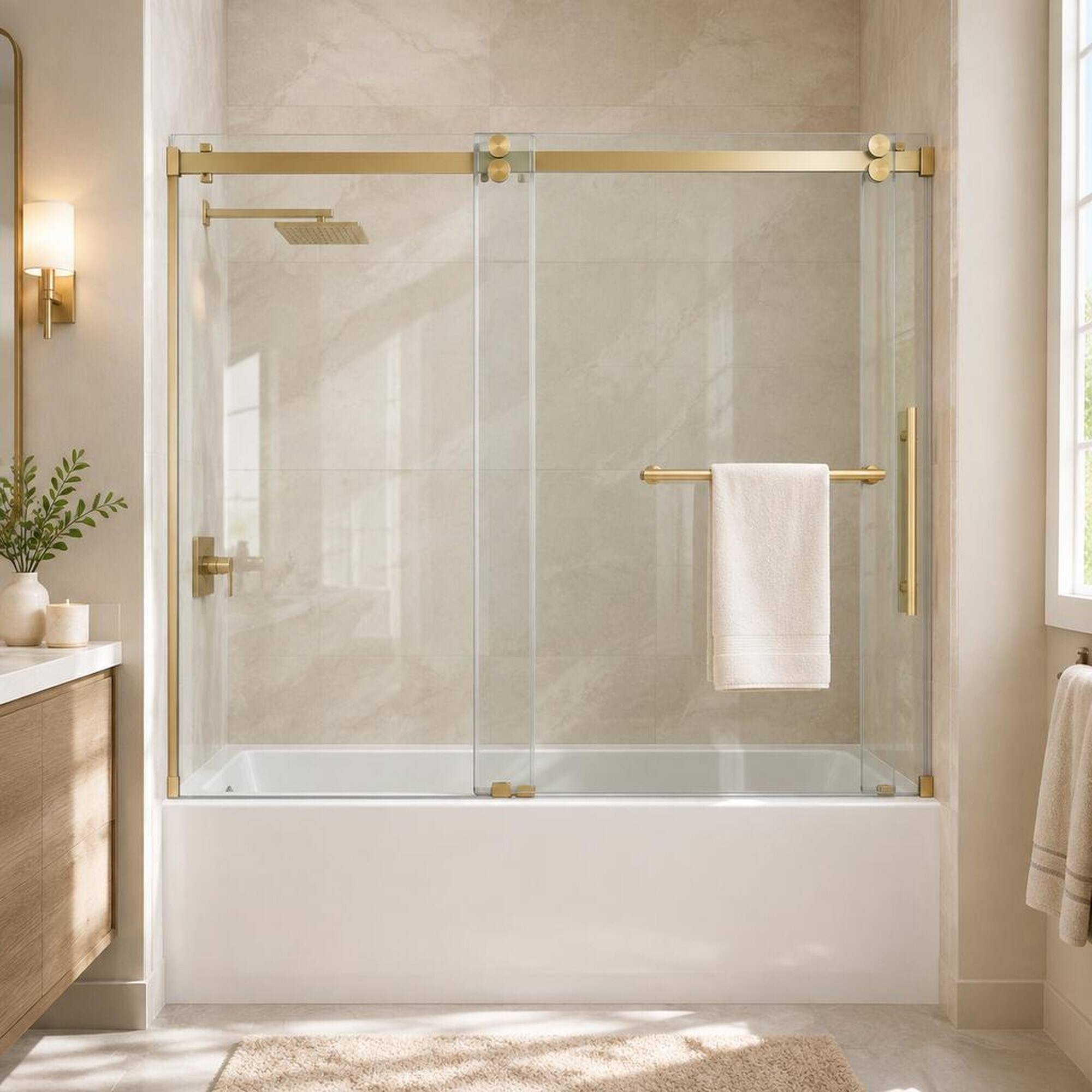 Alt View 1. RYHNUYNE - 56-60" W X 60" H Frameless Sliding Tub Shower Door Enclosure With 5/16" Tempered Glass, Brushed Gold Hardware - Brushed Gold.