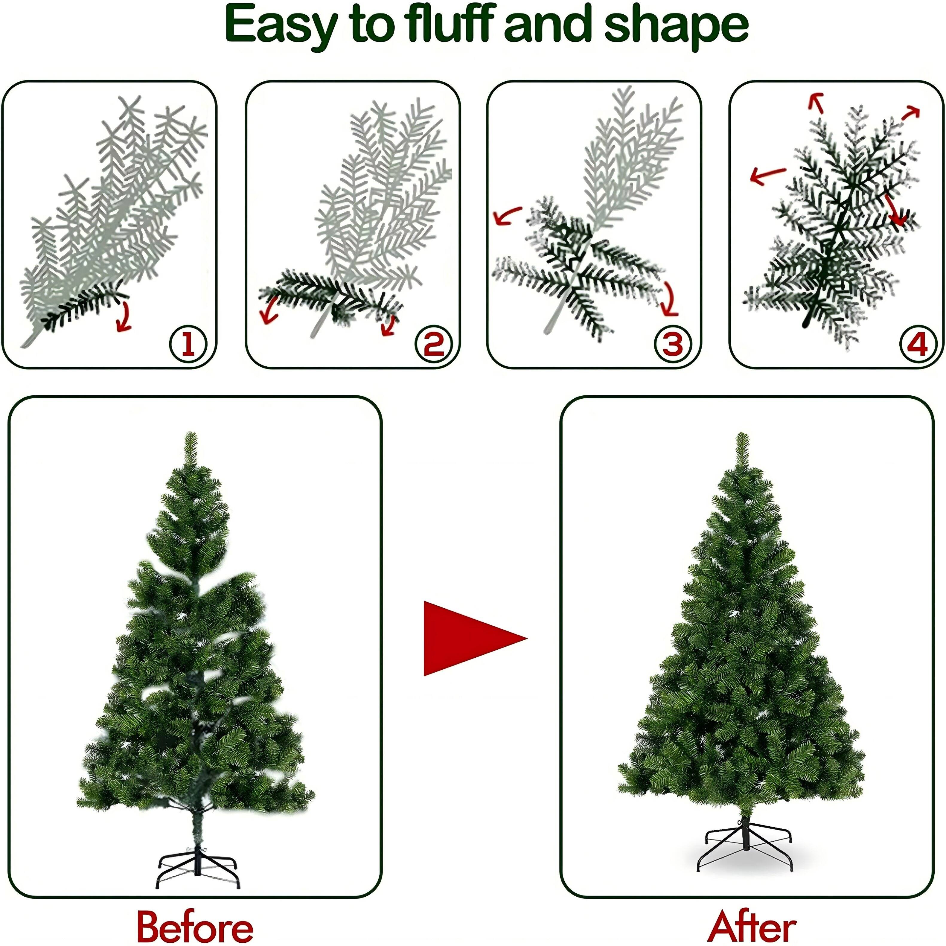 Easy to fluff and shape

1. Before
2. After

1. Fluff the branches outward.
2. Shape the branches to create a fuller look.
3. Adjust the branches to fill in gaps.
4. Final adjustments to ensure a full and even shape.