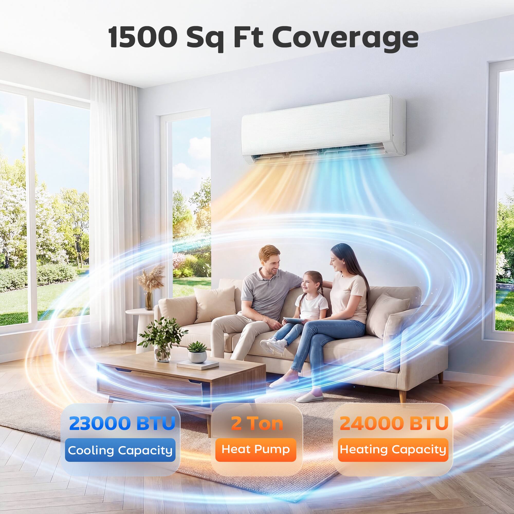 1500 Sq Ft Coverage  
23000 BTU  
2 Ton  
24000 BTU Cooling Capacity  
Heat Pump Heating Capacity