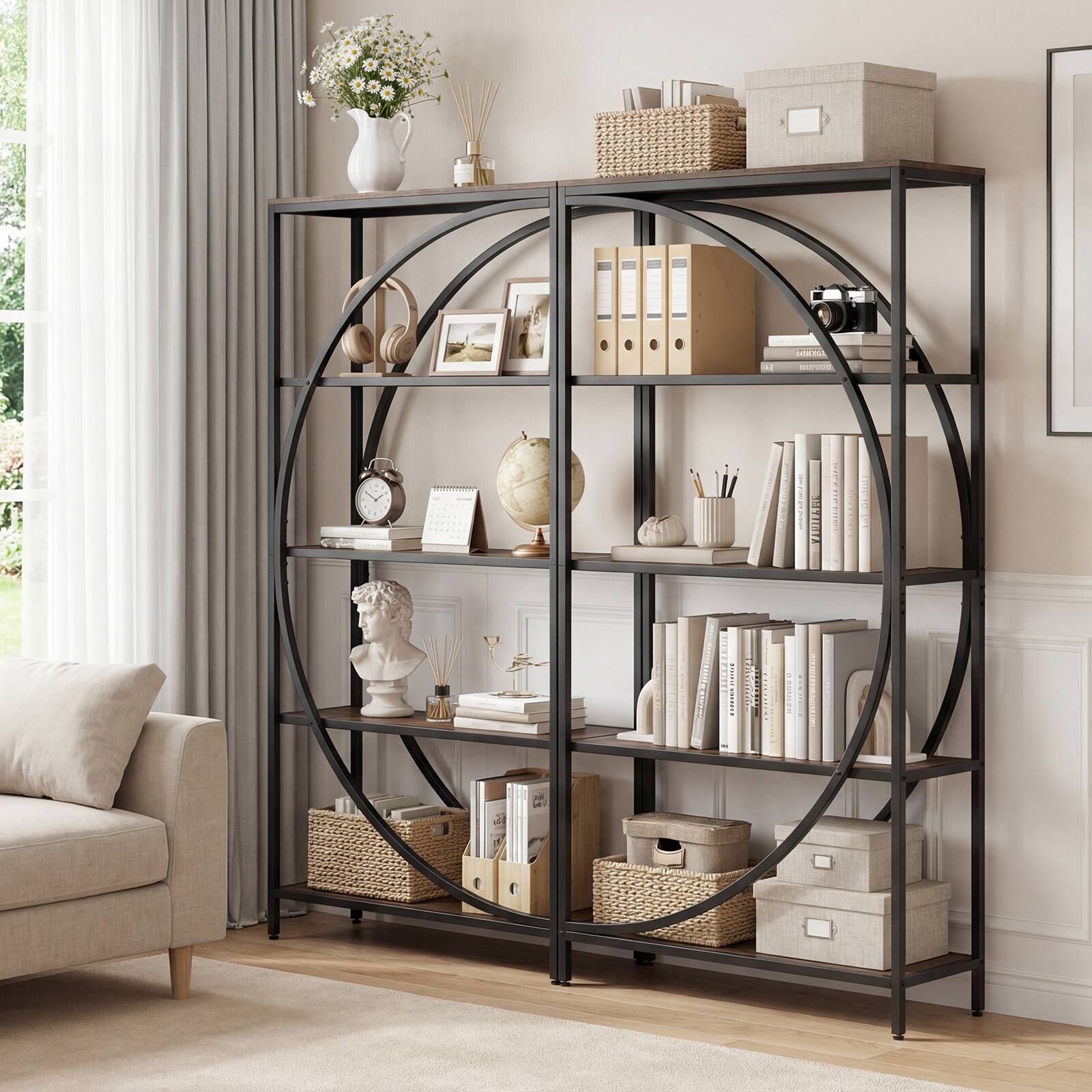 Alt View 3. Costway - Costway 2 Pcs 5-Tier Bookshelf, 65"Tall Industrial Etagere Bookcase with Half-Moon Shape - Rustic Brown + Black.