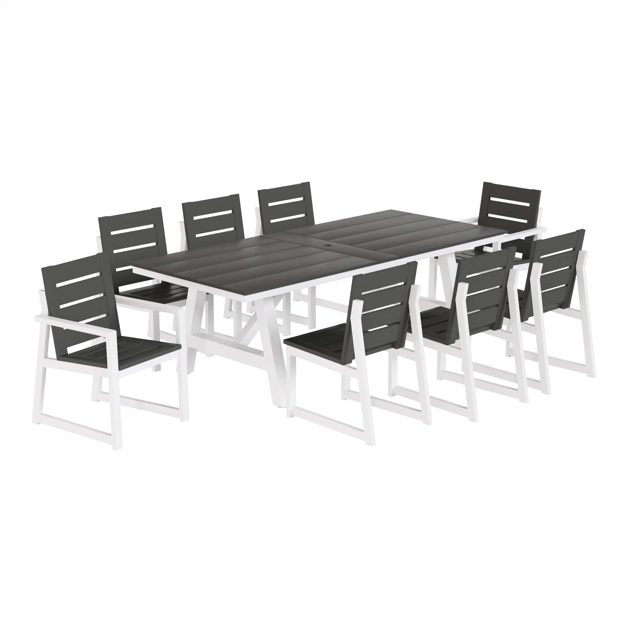 WestinTrends - Cape May 9-Piece HDPE Outdoor Furniture Patio Dining Table With Umbrella Hole and Chairs Set For 8 - Gray
