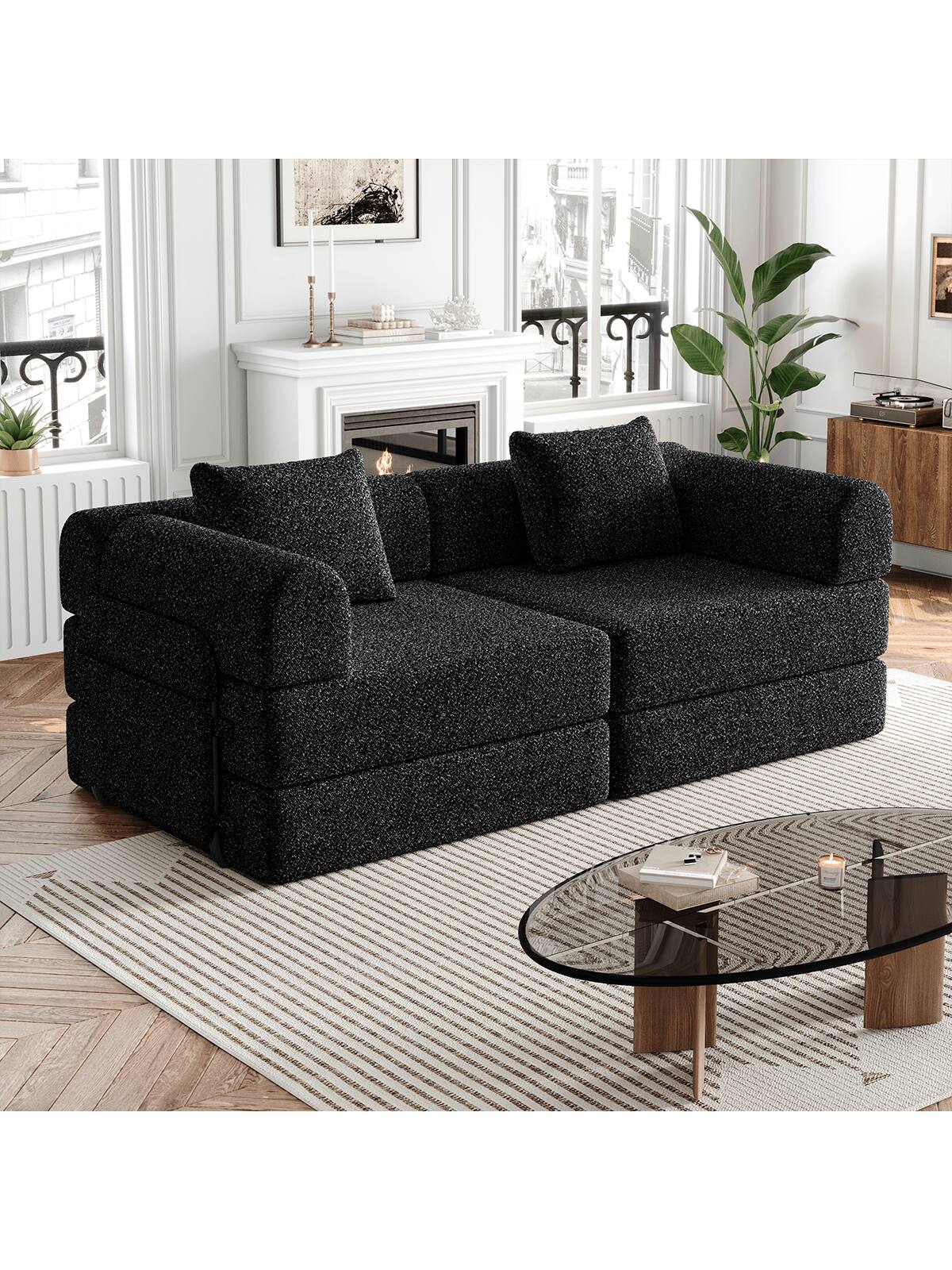 Alt View 1. Trinkets Crazed - Convertible Sofa Bed, 72.4" Loveseat Sofa With Storage Pockets Modular Sleeper Couch Chenille Folding Floor Couch - Black.