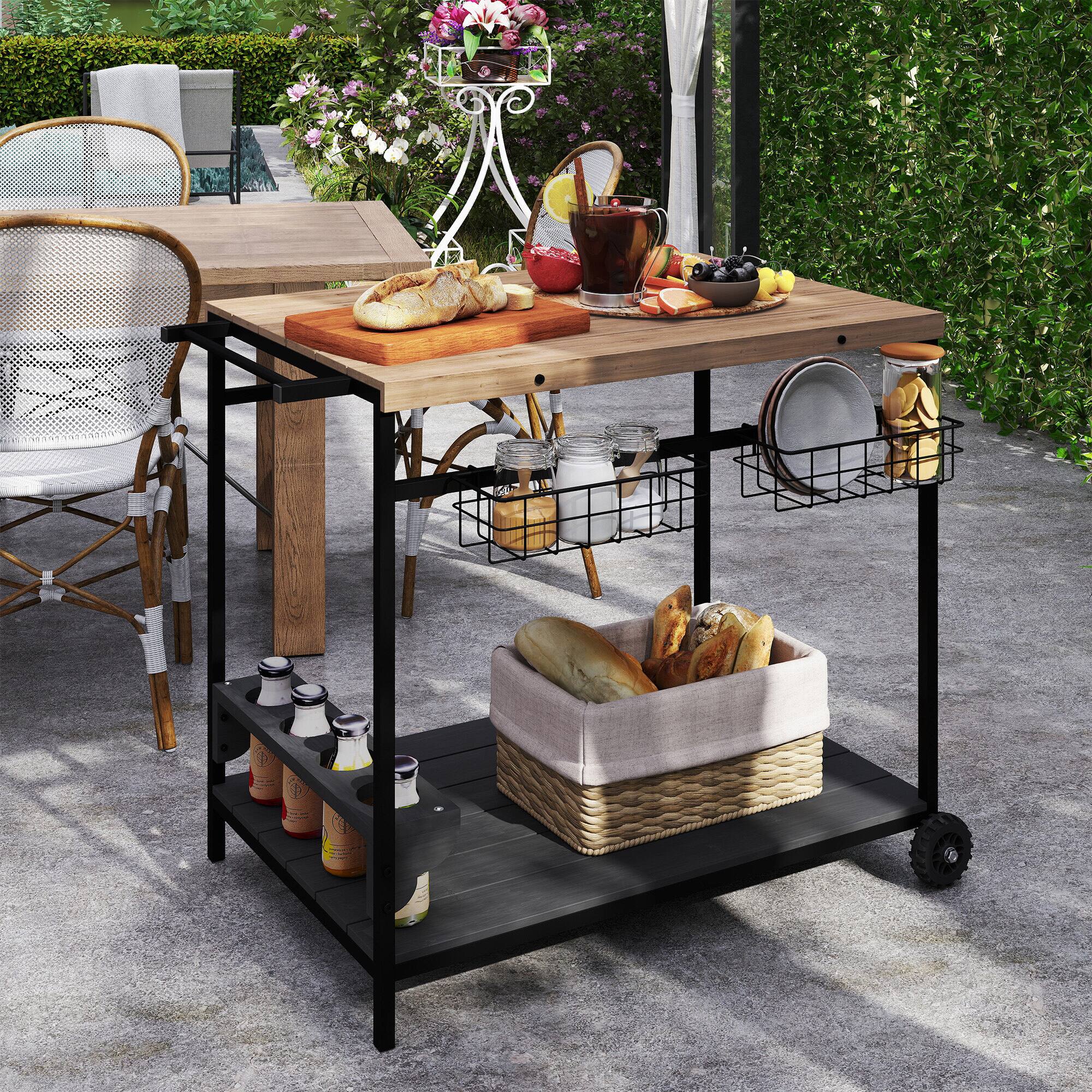 Alt View 7. Outsunny - Outdoor Bar Cart, Patio Rolling Serving Cart with Wheels, Side Handle, 2 Baskets, 4 Wine Holders for Garden - Natural Wood.