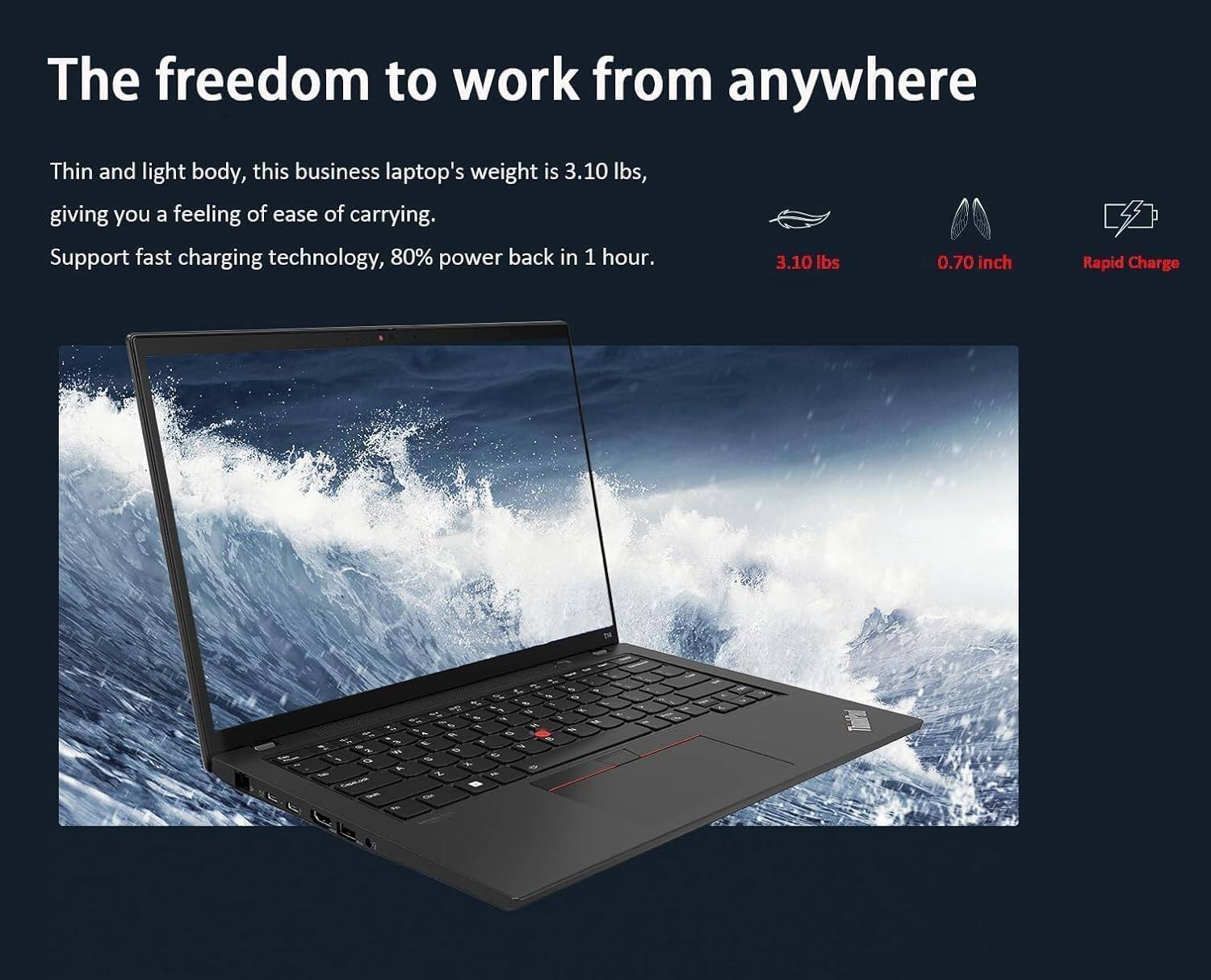 The freedom to work from anywhere

Thin and light body, this business laptop's weight is 3.10 lbs, giving you a feeling of ease of carrying.

Support fast charging technology, 80% power back in 1 hour.

3.10 lbs  
0.70 inch  
Rapid Charge