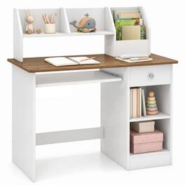 Costway - Kids Study Desk, Wooden Writing Table with Keyboard Tray & Drawer,Side Bookshelf - Natural