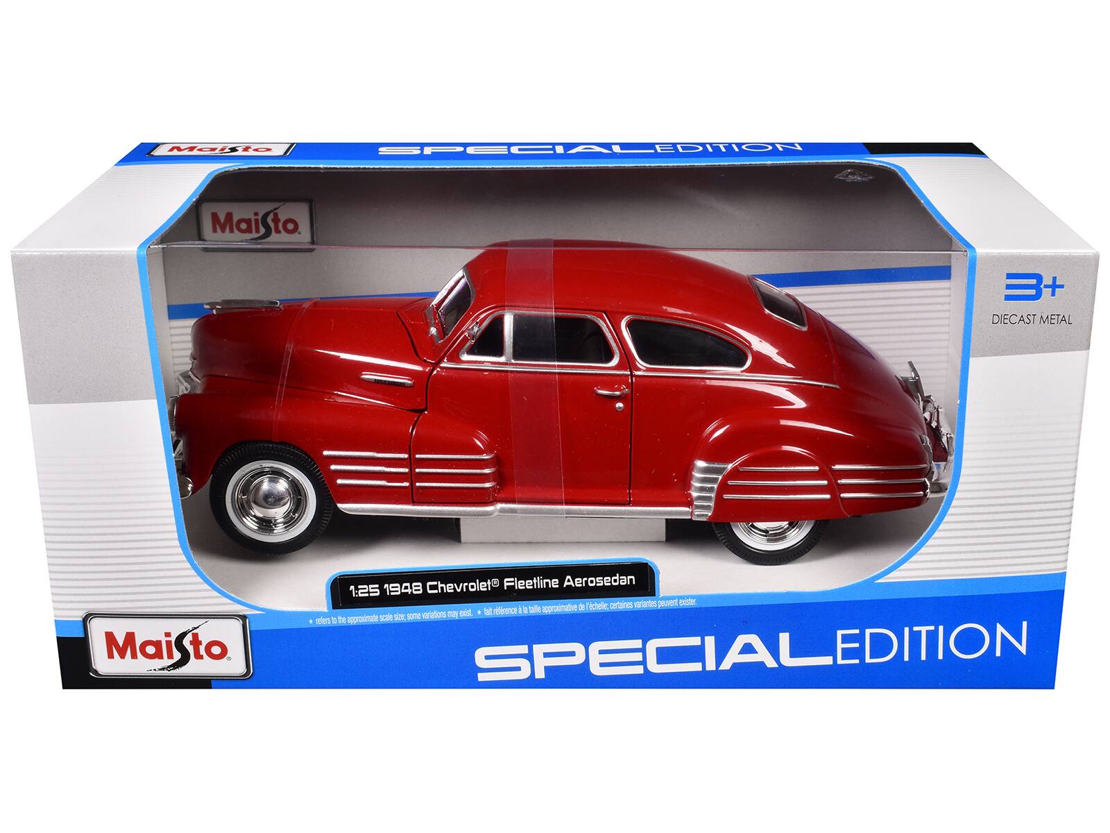 Maisto  
SPECIAL EDITION  
1:25 1948 Chevrolet Fleetline Aerosedan  
3+ DIECAST METAL  
*refers to the approximate scale size; some variations may exist.  
*refers to the approximate scale size; certain variations may exist.