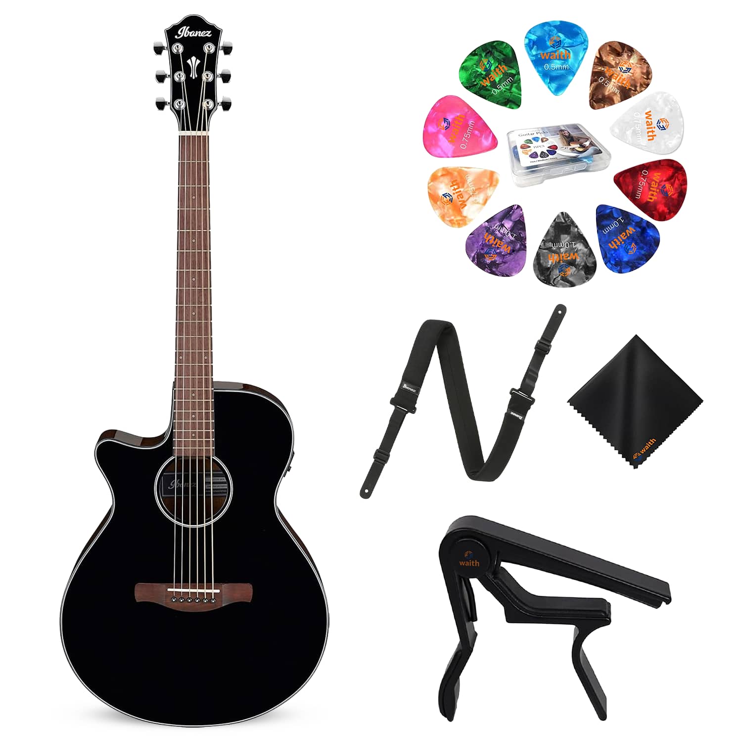 Ibanez - AEG50L Electric Guitar, Powerpad Strap, Capo, 15 Guitar Pick, & Cloth Kit - Black High Gloss price history on PriceWatchPro