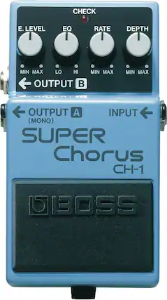 CHECK
E. LEVEL EQ RATE DEPTH
MIN MAX LO HI MIN MAX MIN MAX
OUTPUT B
OUTPUT A (MONO)
INPUT
SUPER Chorus CH-1
BOSS