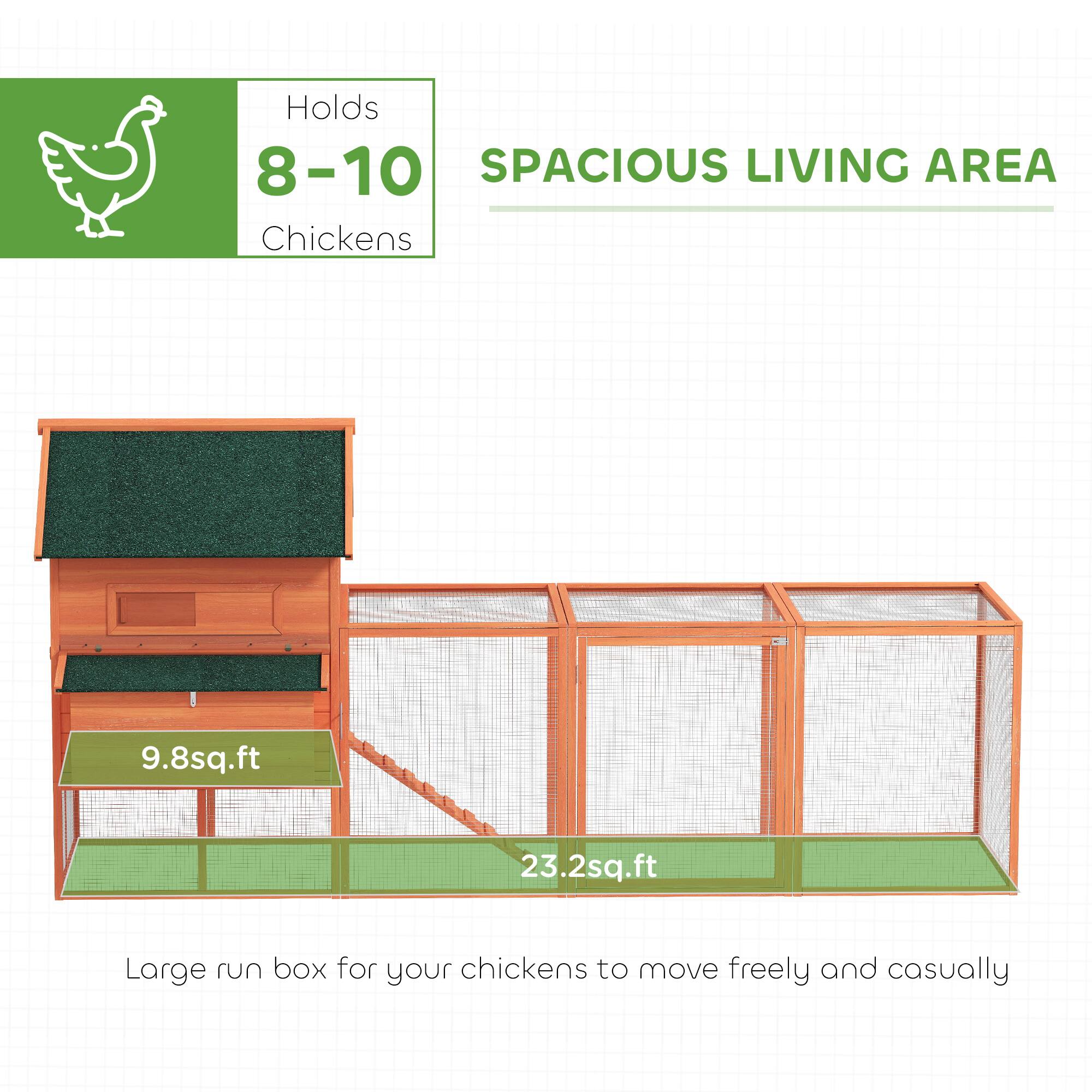 Holds 8-10 Chickens

SPACIOUS LIVING AREA

9.8 sq.ft

23.2 sq.ft

Large run box for your chickens to move freely and casually